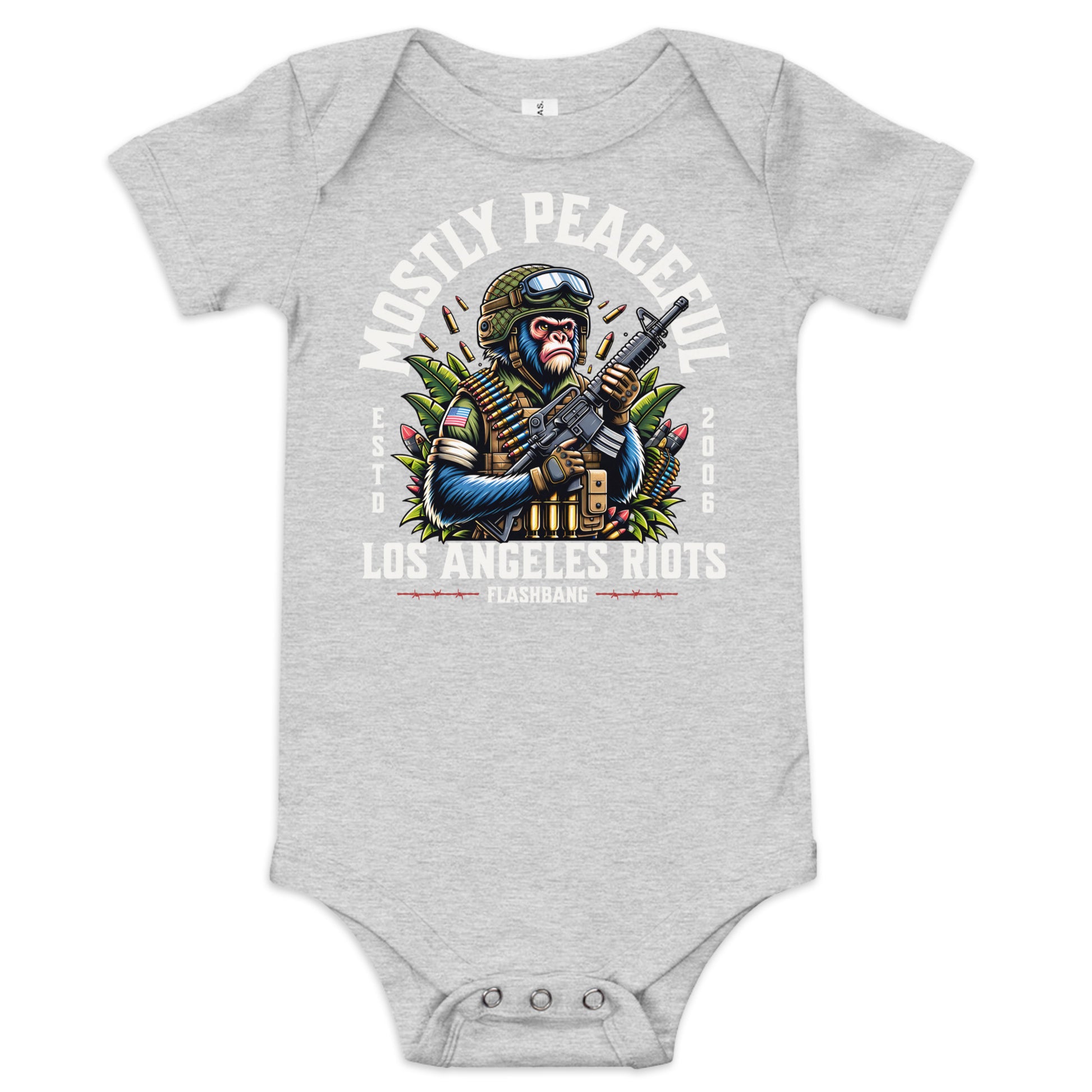Gray baby onesie with a graphic design of a monkey holding a gun and text on a white background