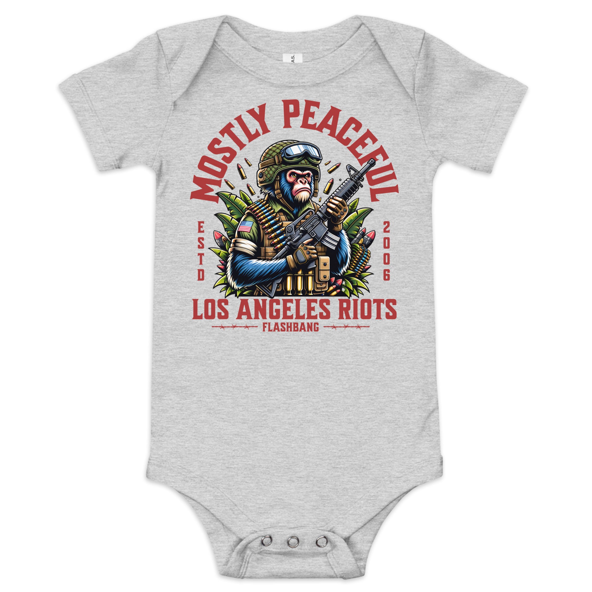 Gray baby onesie with a graphic design featuring a monkey in military gear and text on a white background.