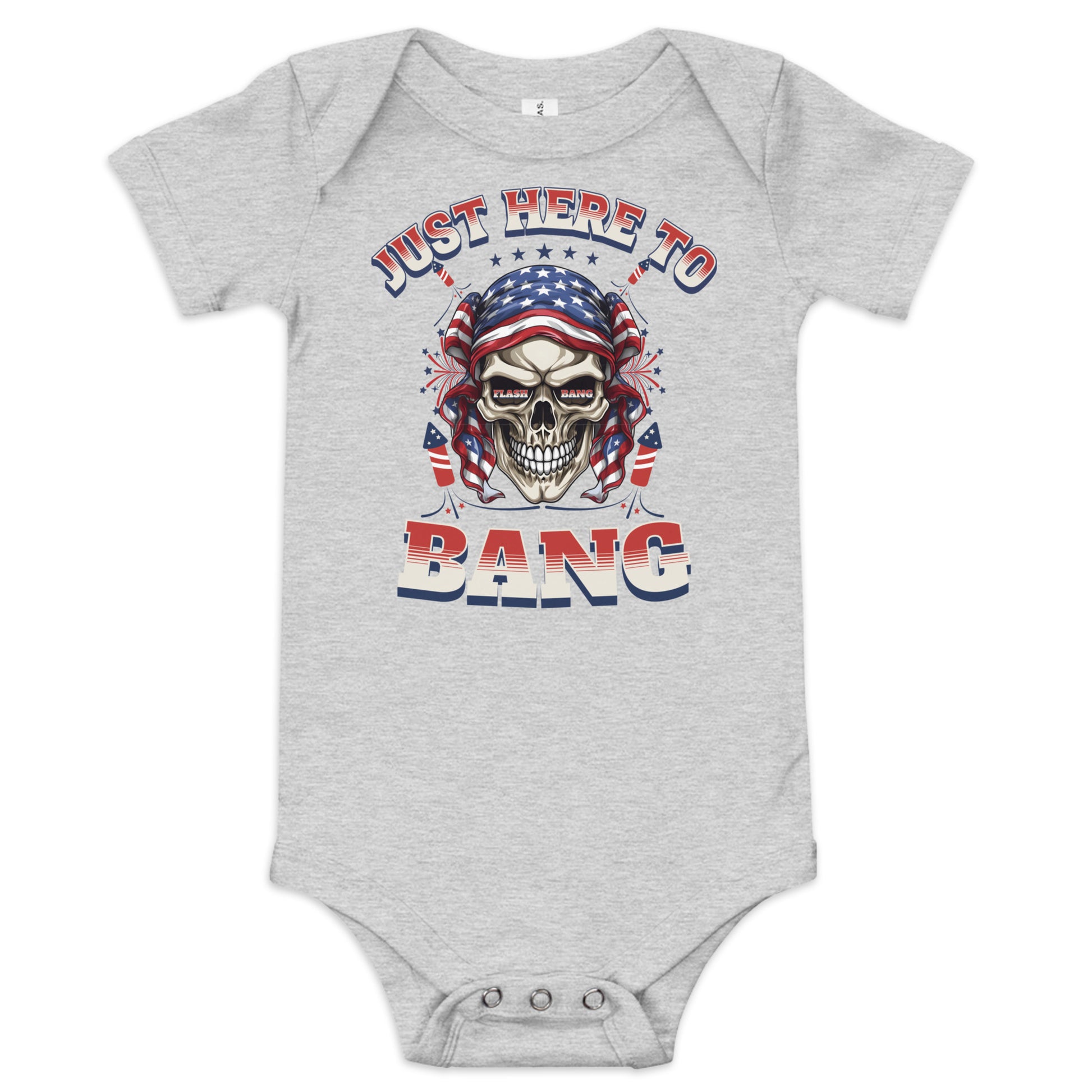Gray baby onesie with a skull design and text on a white background