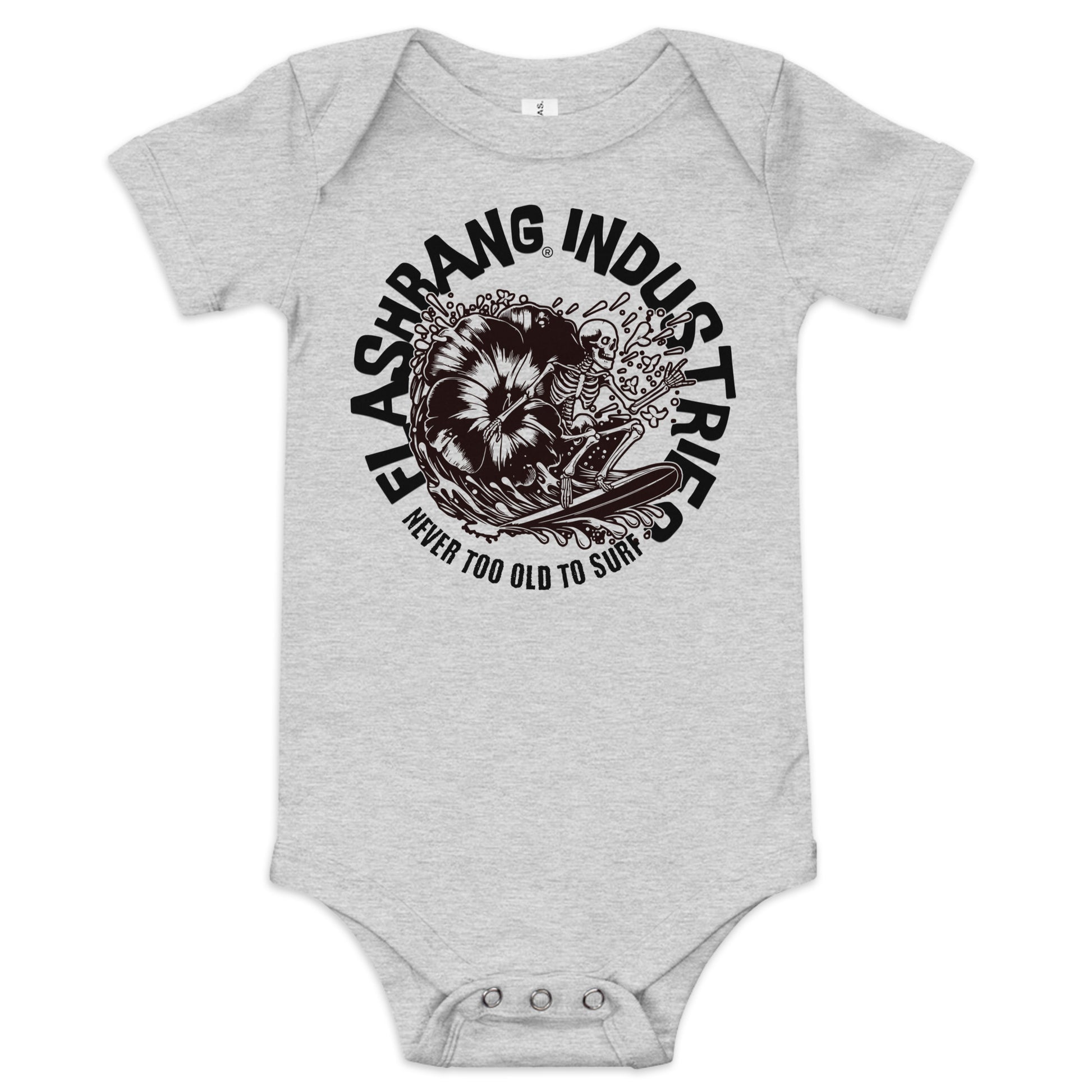 Gray baby onesie with black graphic design and text on a white background