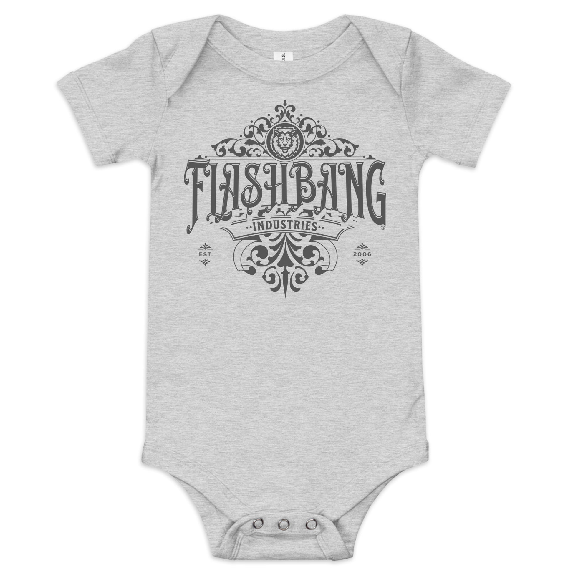 Gray baby onesie with 'Flashbang Industries' print on a white background