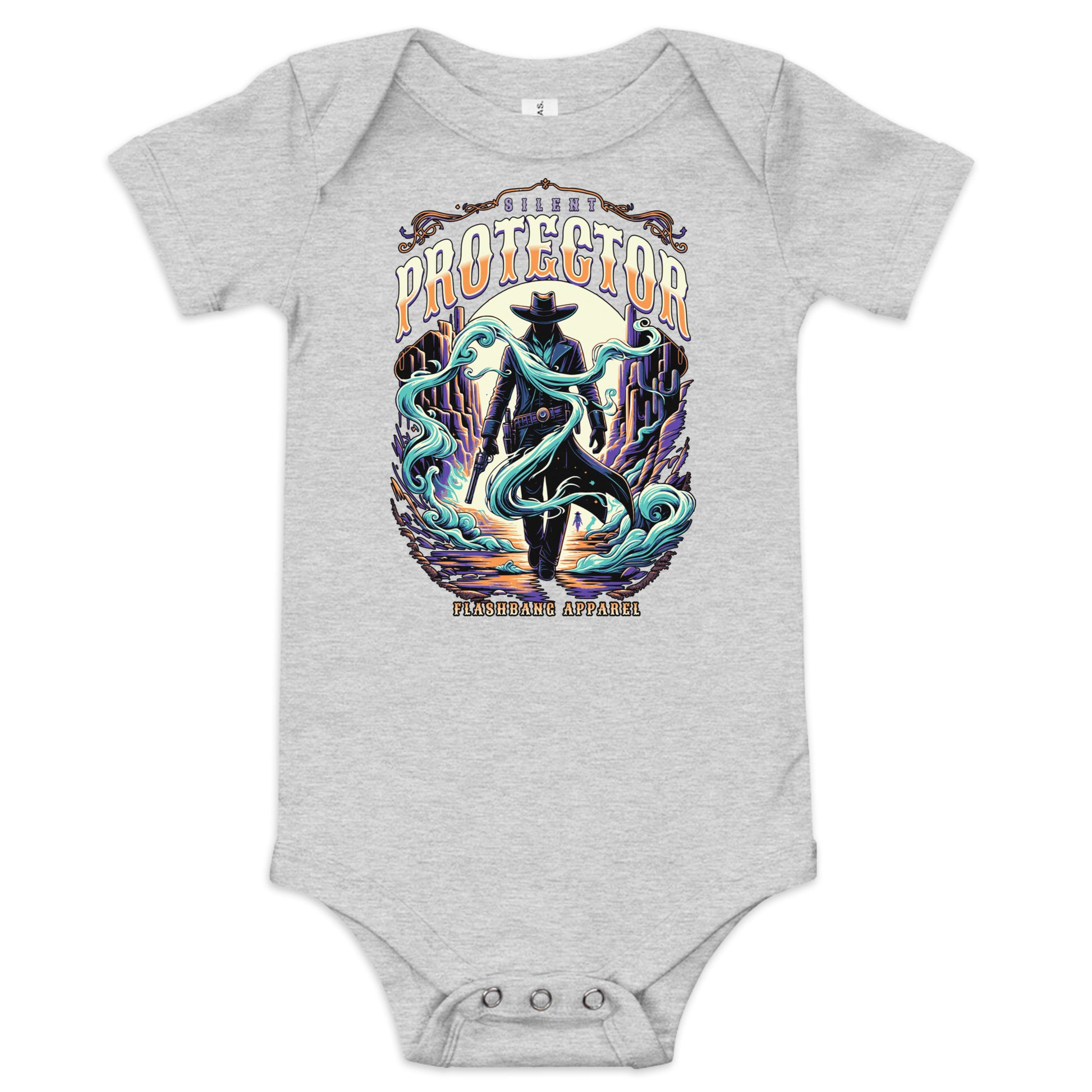 Gray baby onesie with a colorful graphic design on a white background