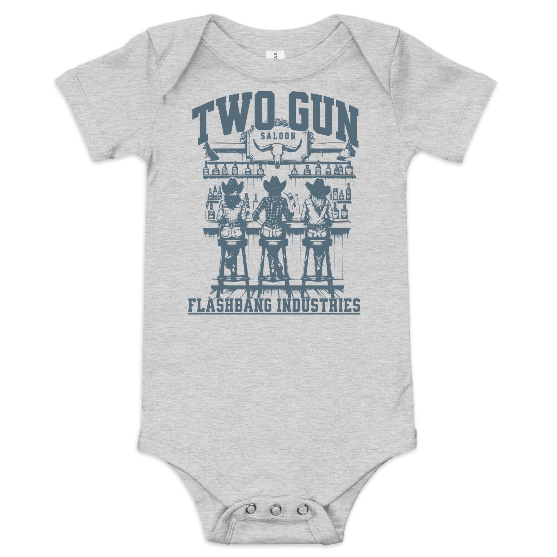 Gray baby onesie with blue graphic design on a white background
