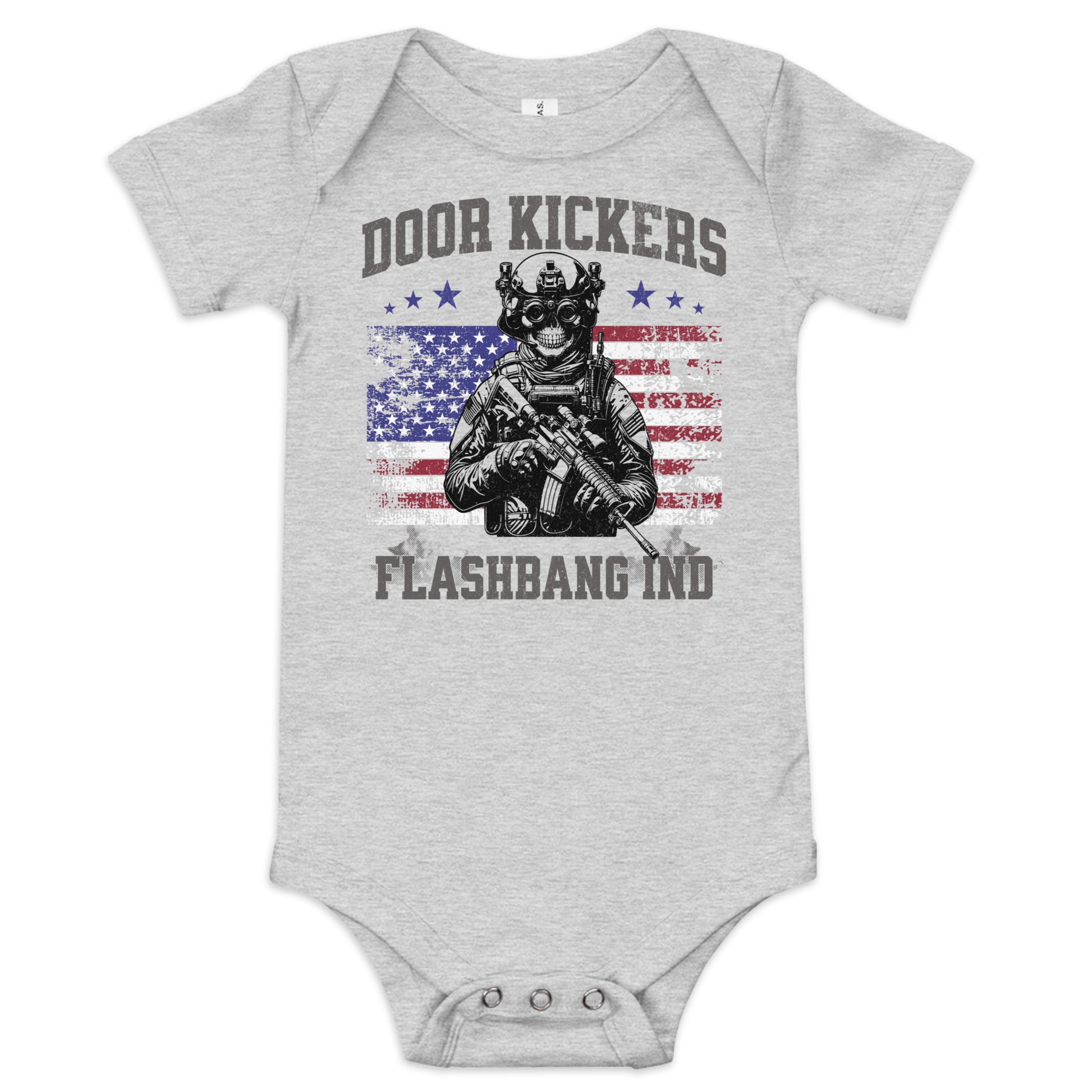 Gray baby onesie with graphic design and text on a white background