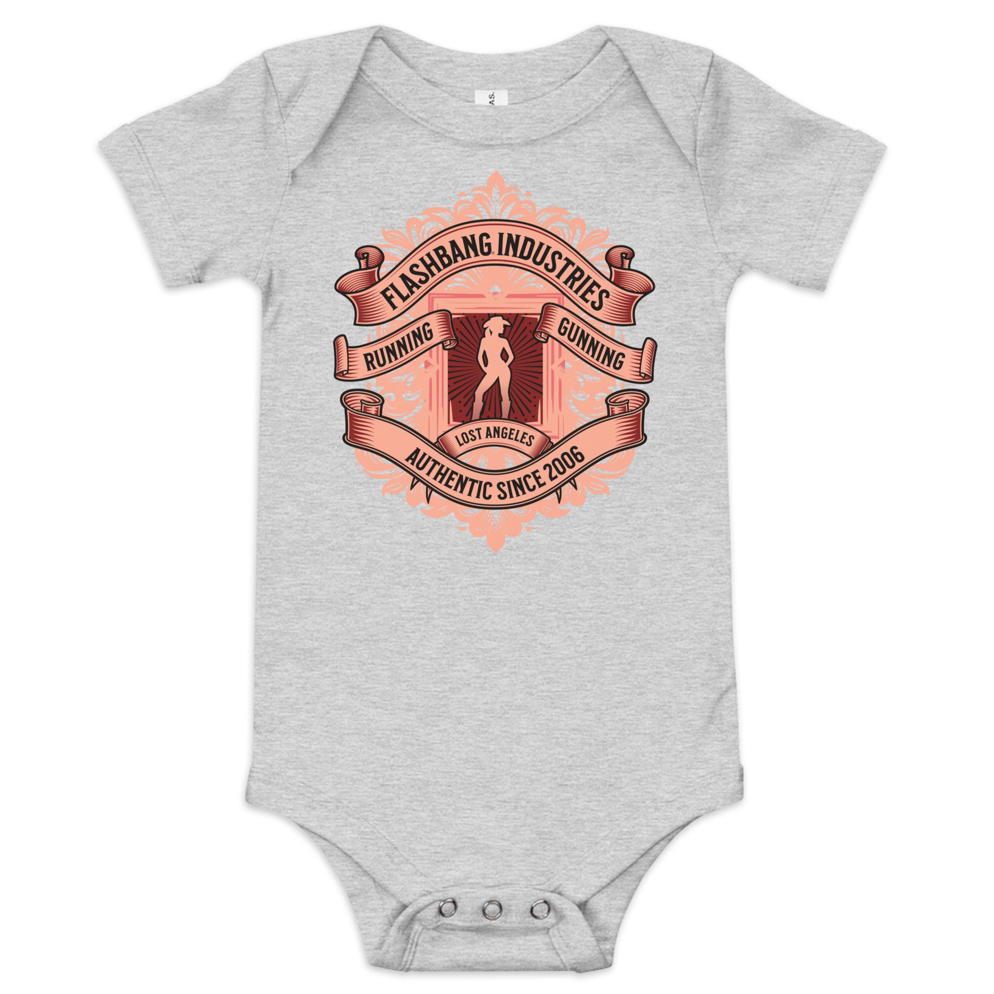 Gray baby onesie with a red graphic design on a white background