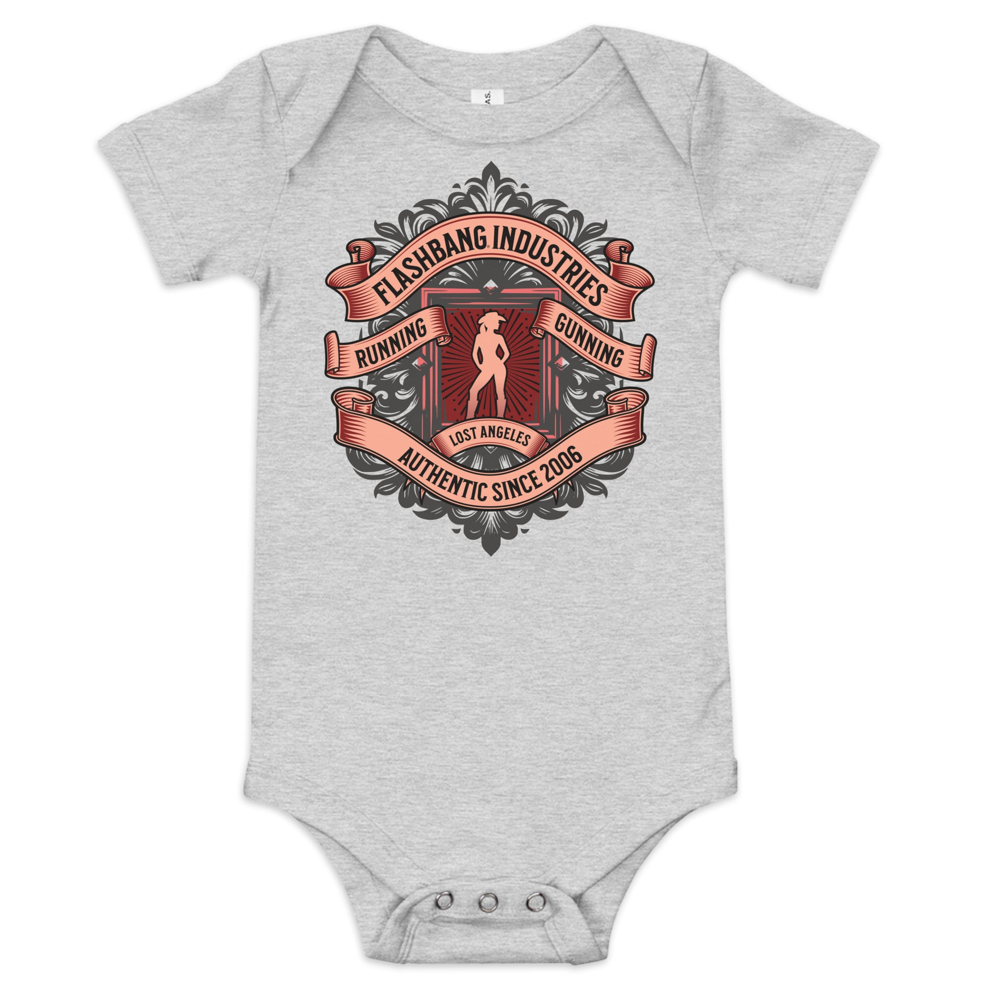 Gray baby onesie with a graphic design on a white background