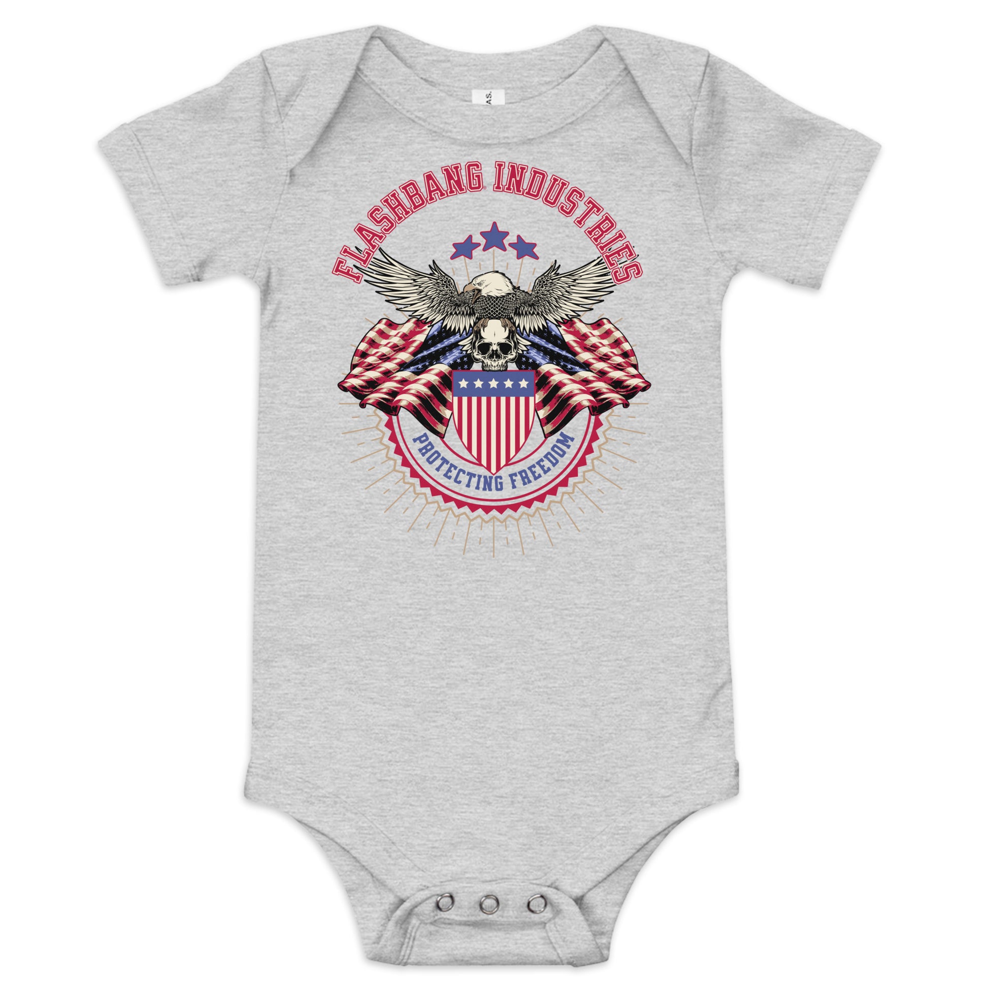 Gray baby onesie with a graphic design featuring an eagle, American flag, and text on a white background.