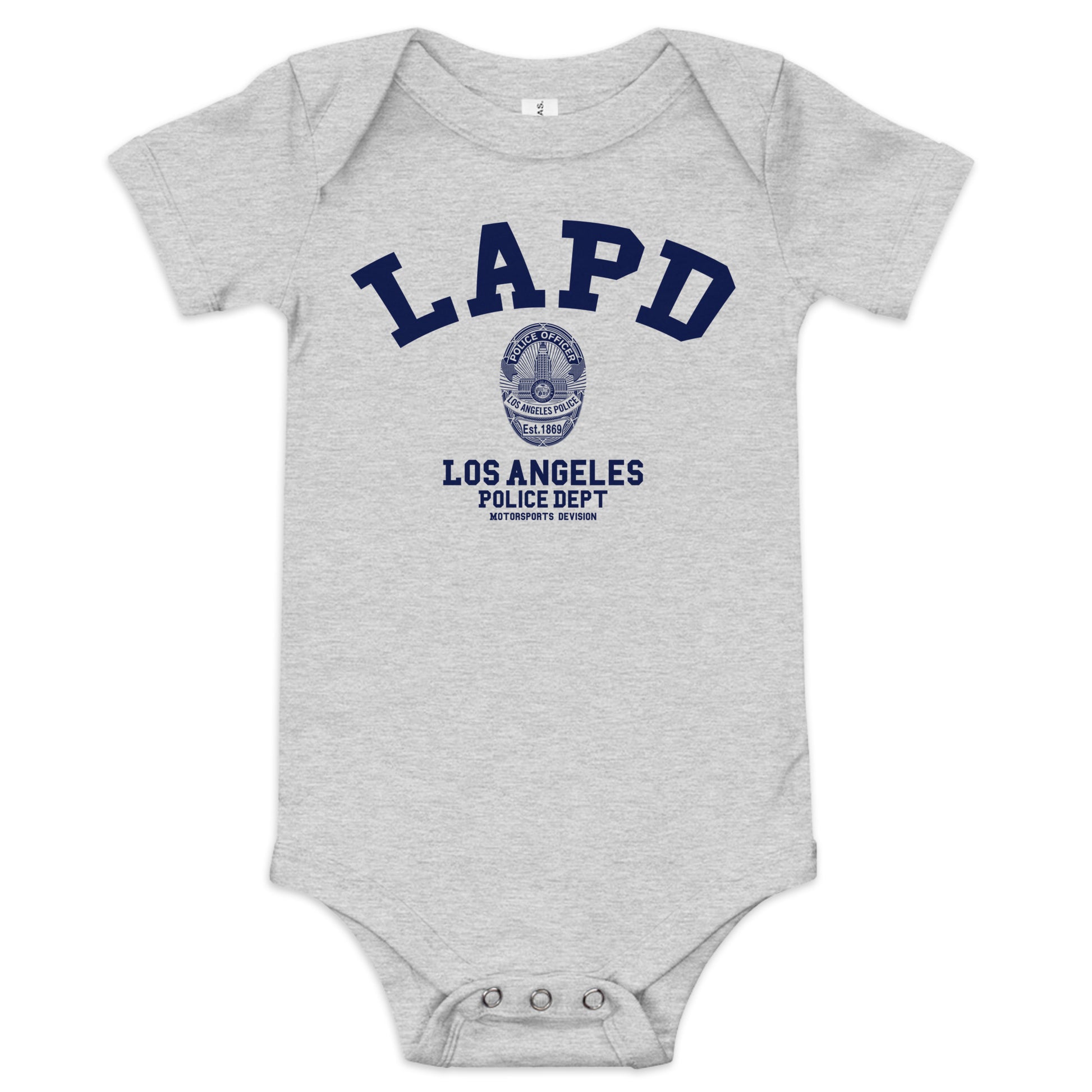 Gray baby onesie with LAPD Los Angeles Police Department text and logo on a white background
