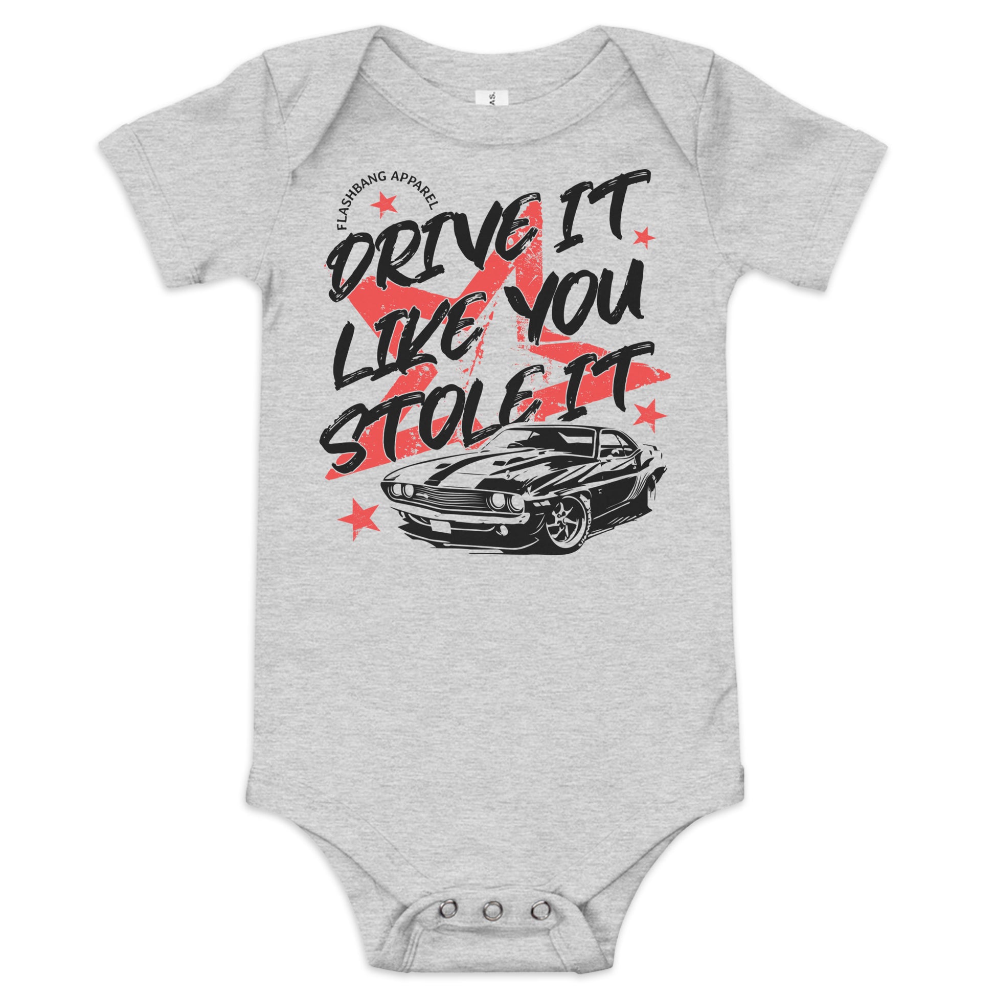 Gray baby onesie with car graphic and text on a white background