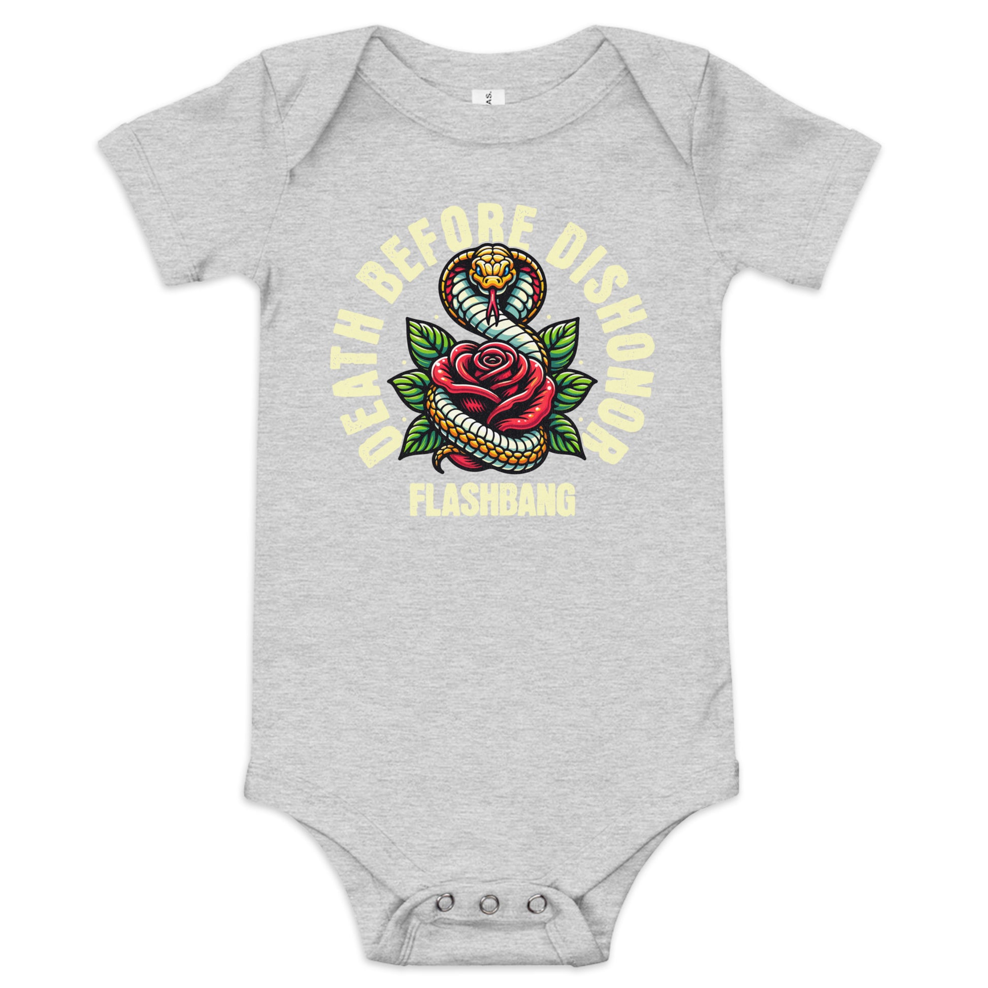Gray baby onesie with snake and rose design and text on a white background