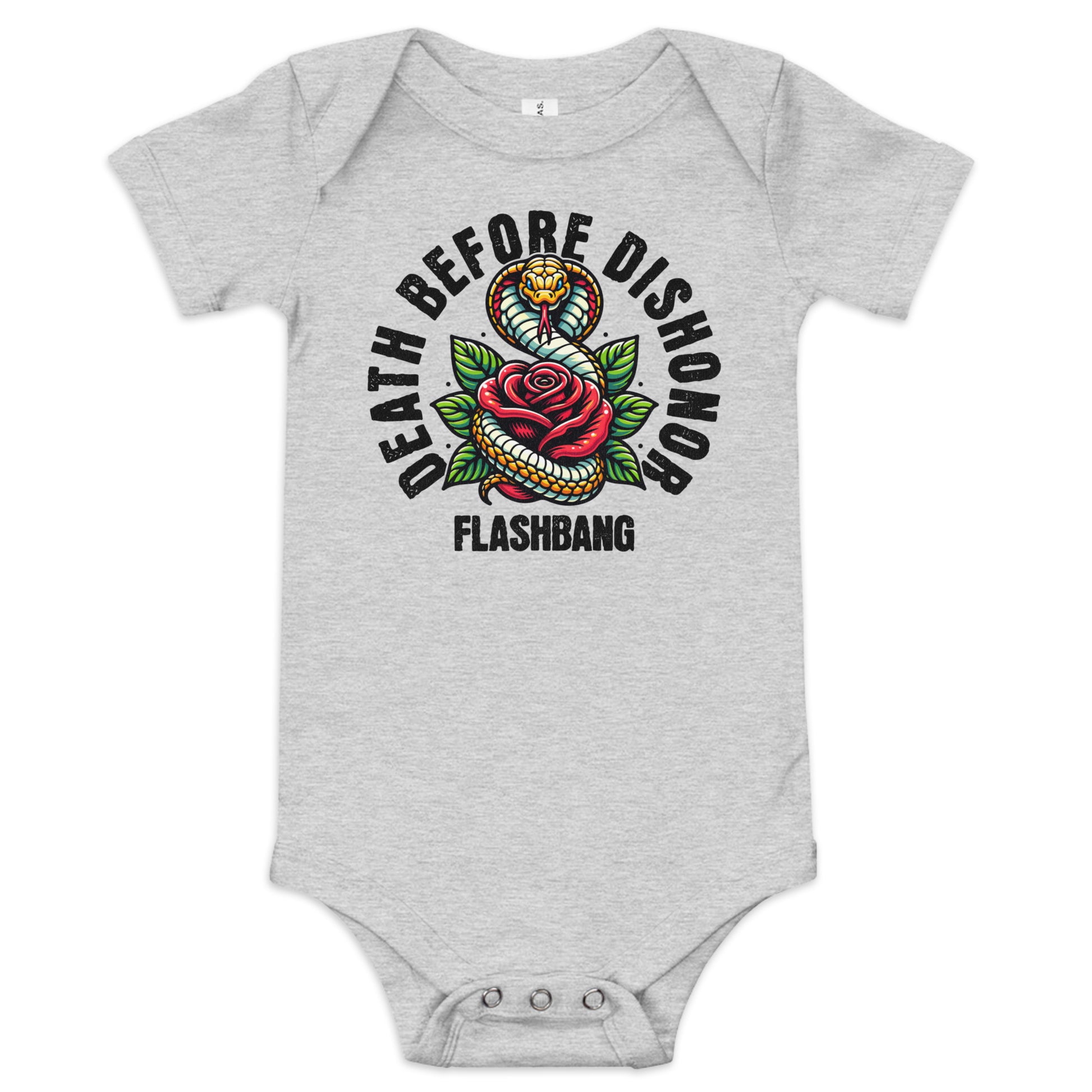 Gray baby onesie with snake and rose design and text on a white background