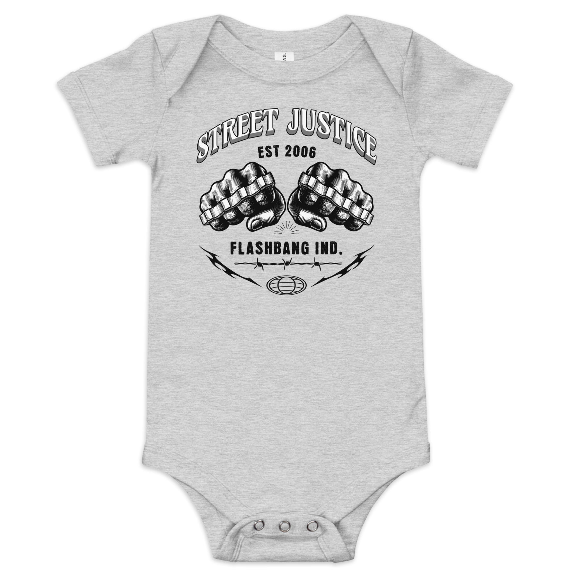 Gray baby onesie with black graphic design and text on a white background