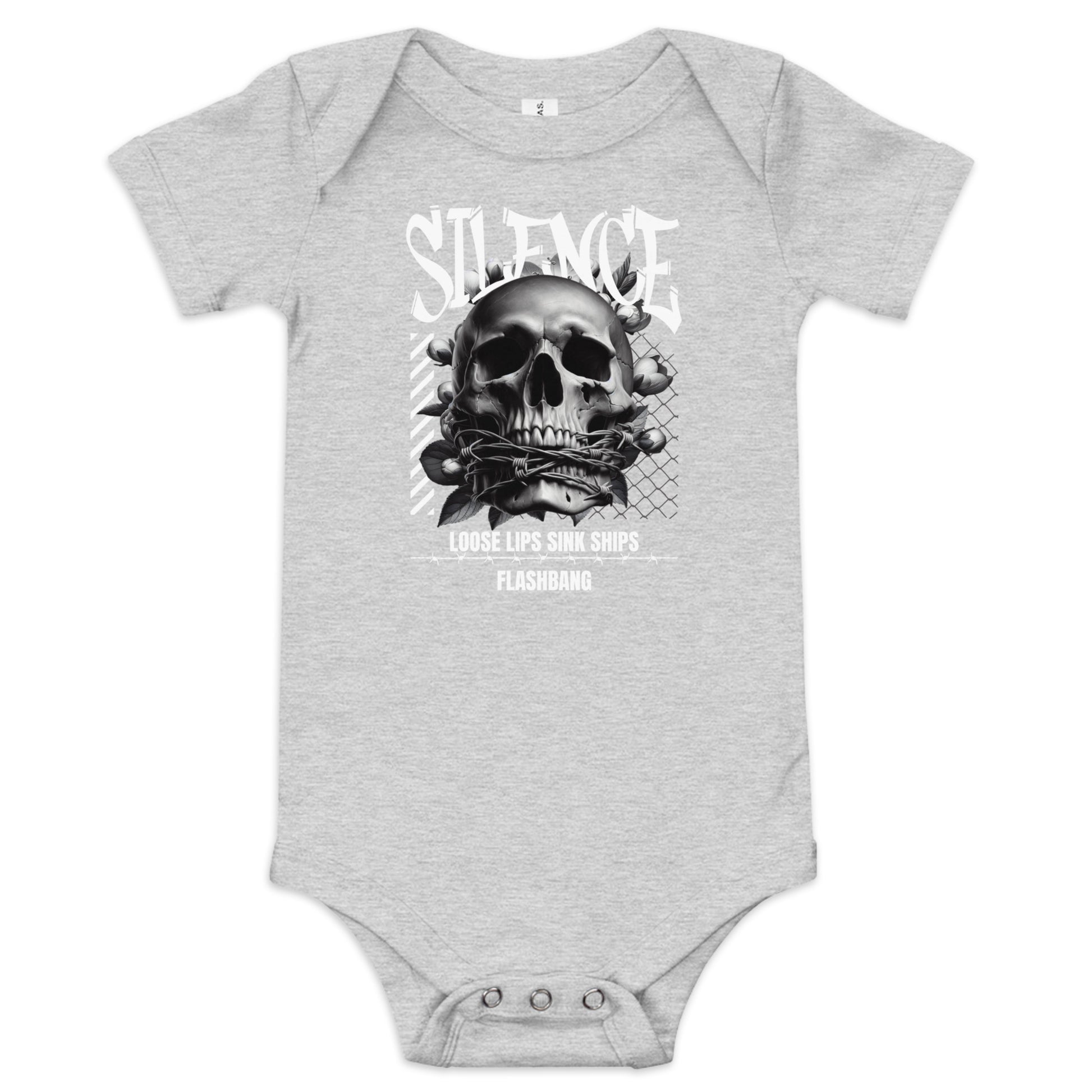 Gray baby onesie with a skull design and text on a white background