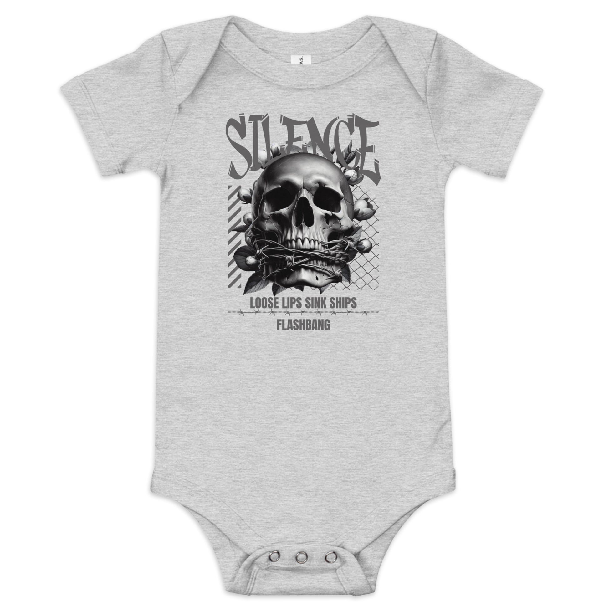 Gray baby onesie with a skull design and text on a white background