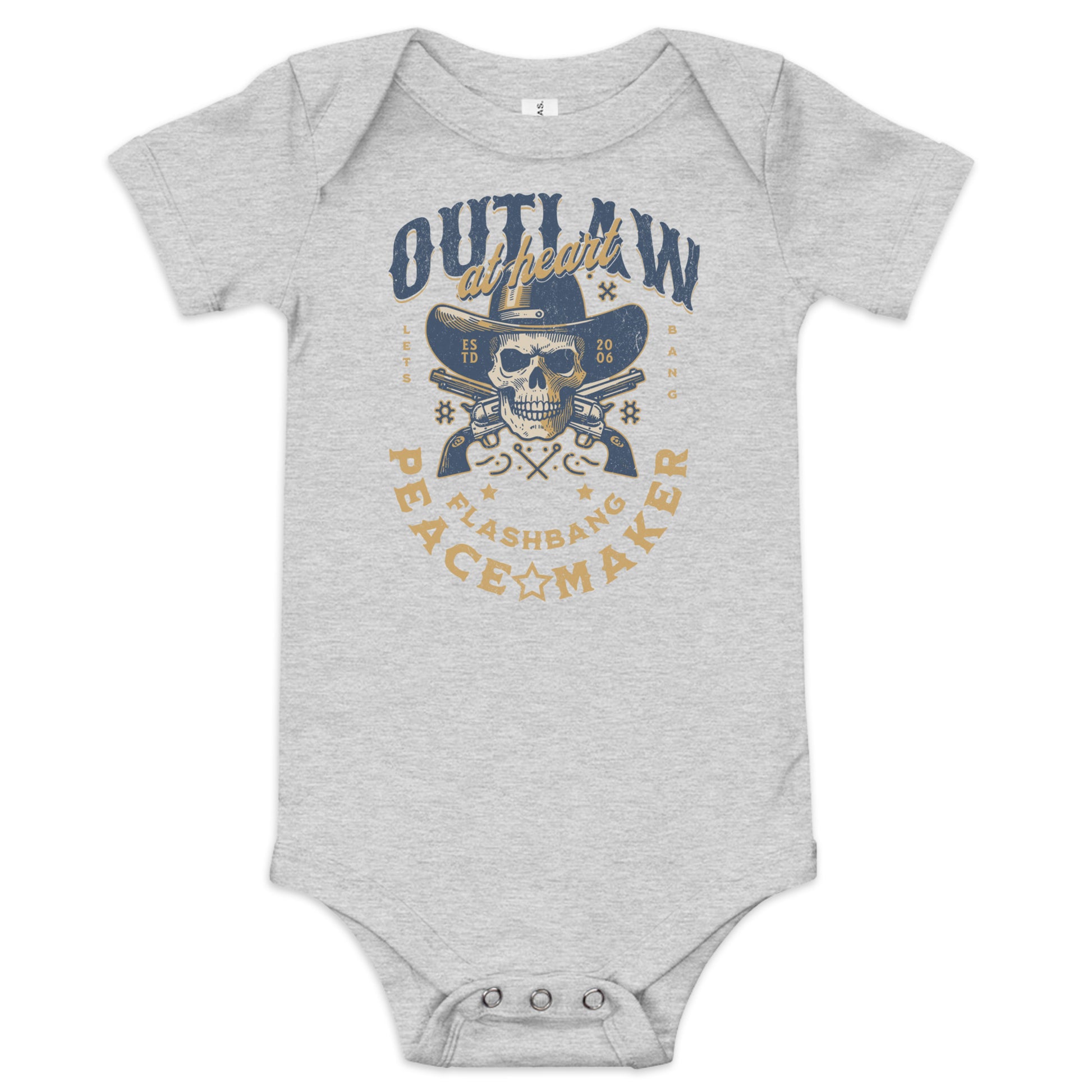 Gray baby onesie with a graphic design featuring a skull and text on a white background
