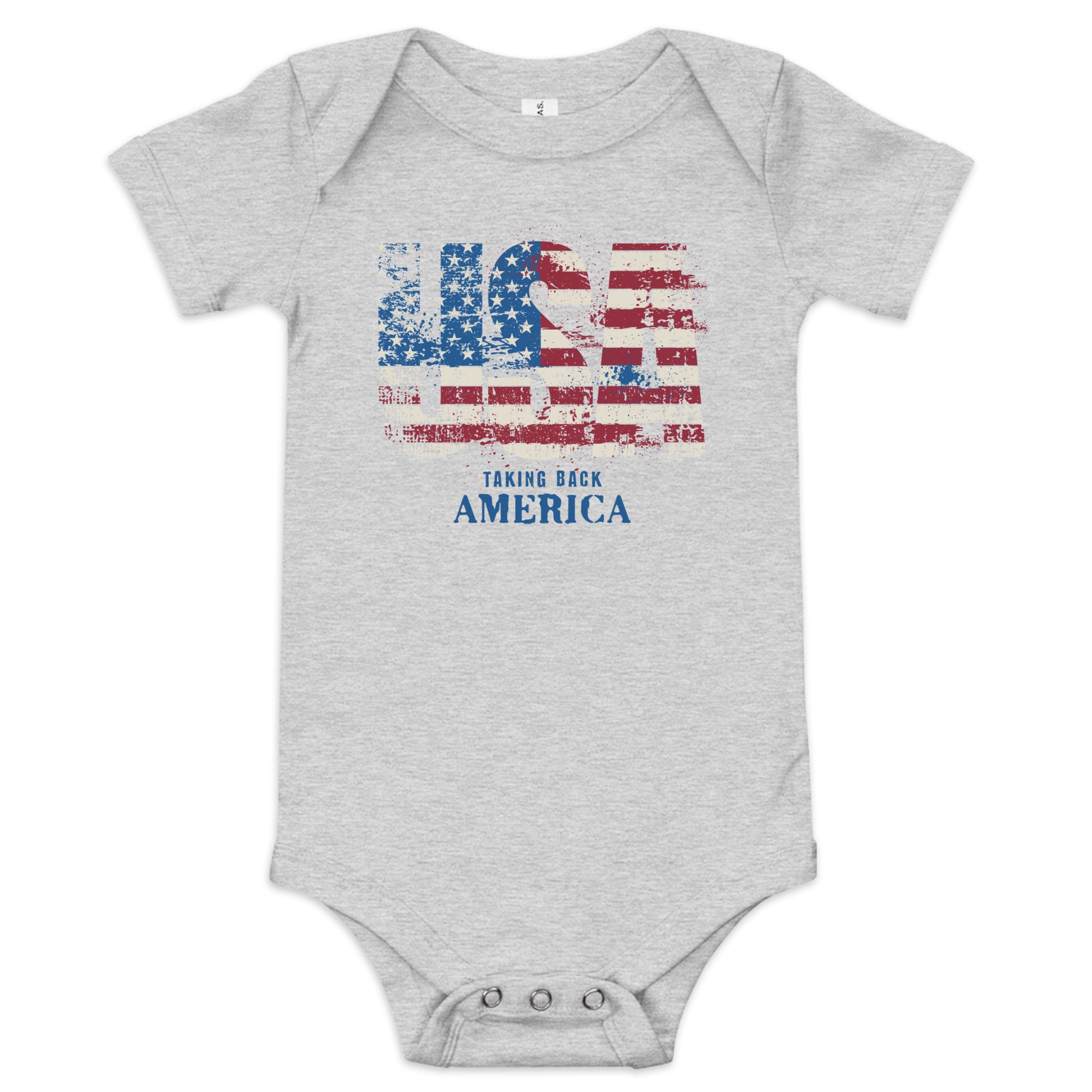 Gray baby onesie with American flag design and text on a white background