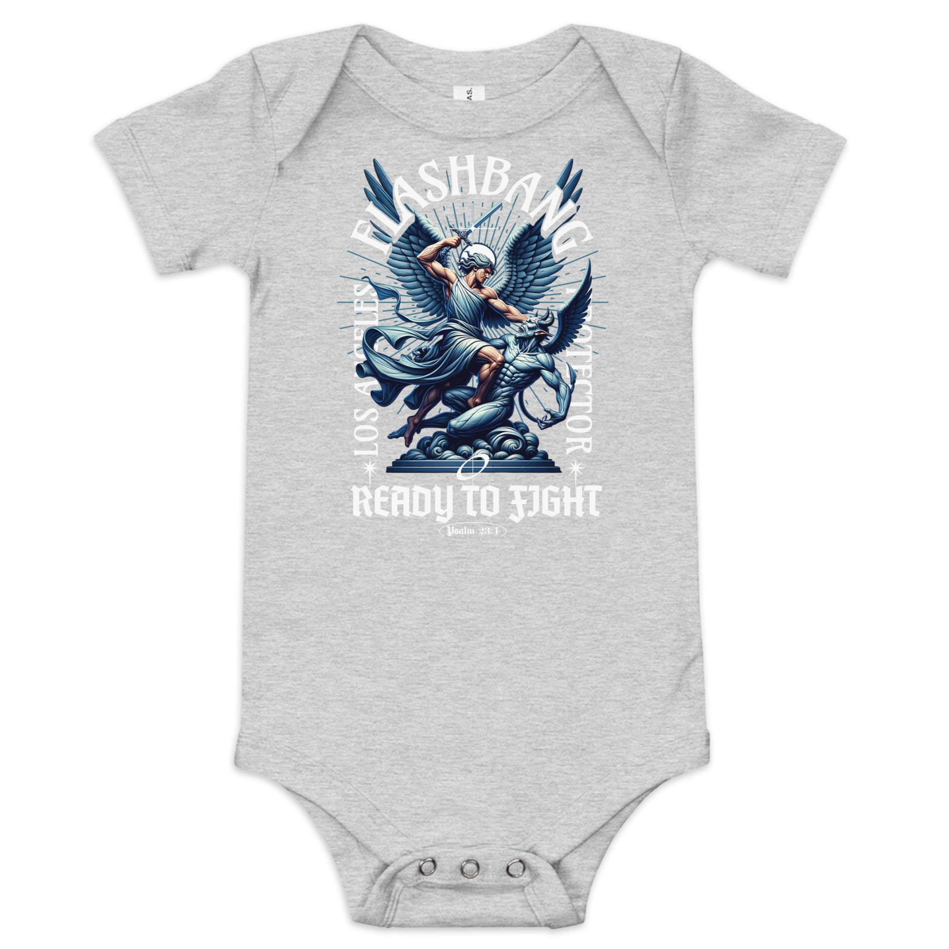 Gray baby onesie with graphic design and text on a white background
