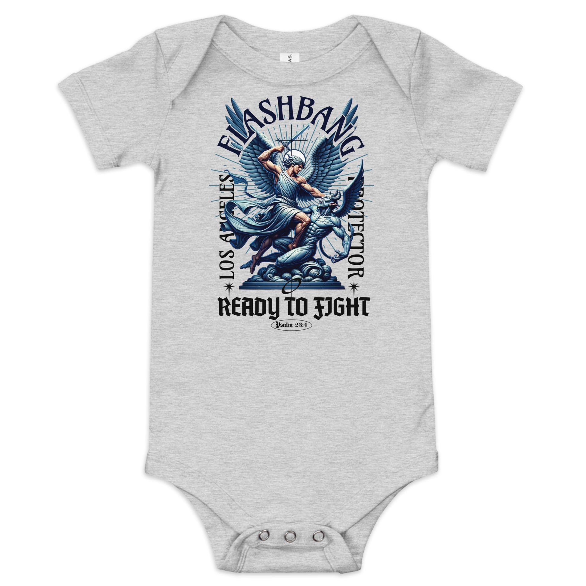 Gray baby onesie with graphic design and text on a white background