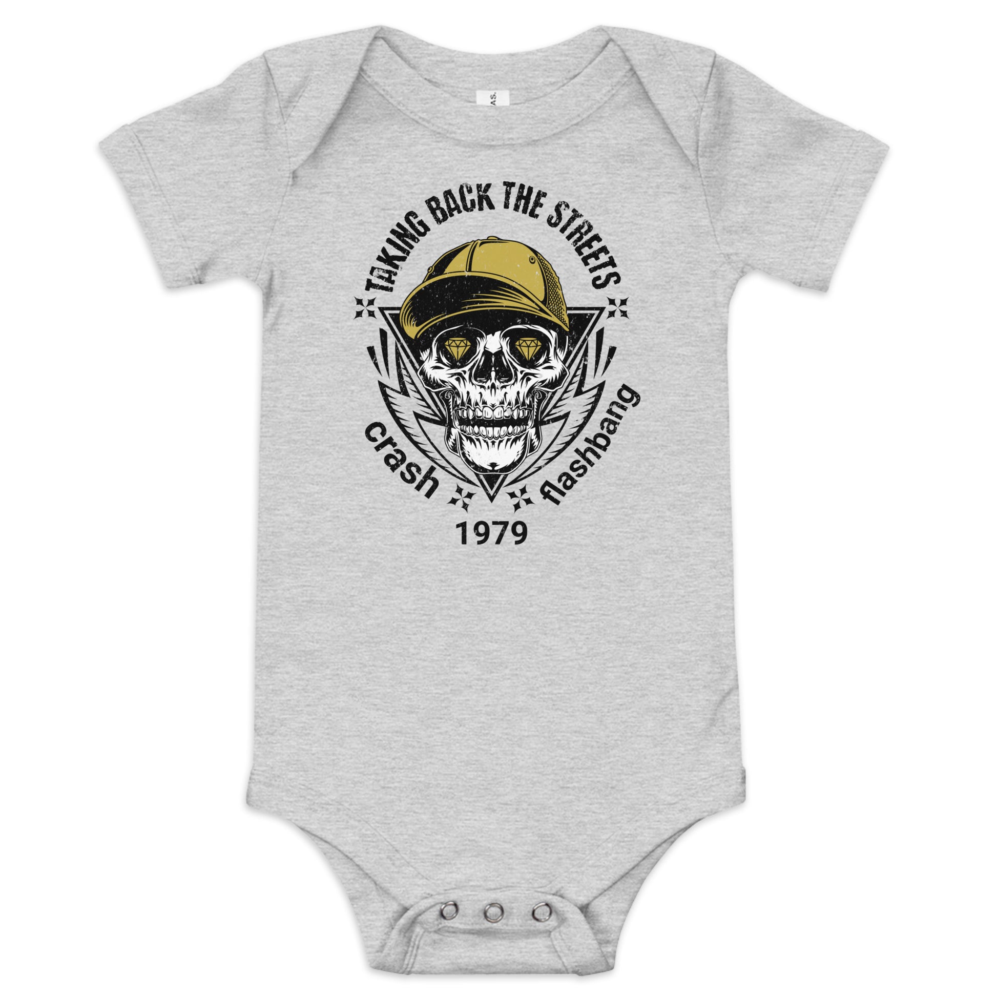 Gray baby onesie with skull and cap graphic design on a white background