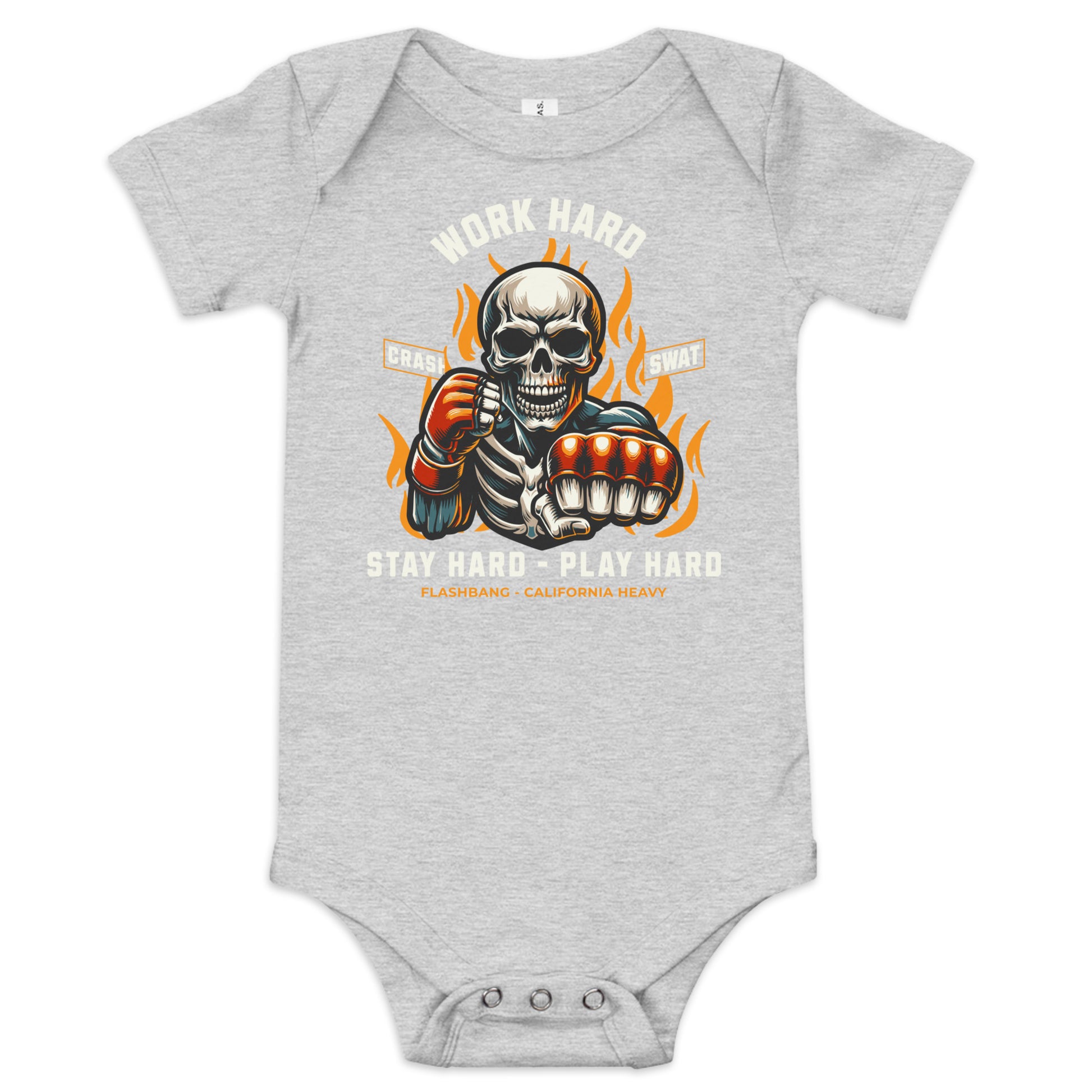 Gray baby onesie with a skeleton design and text on a white background