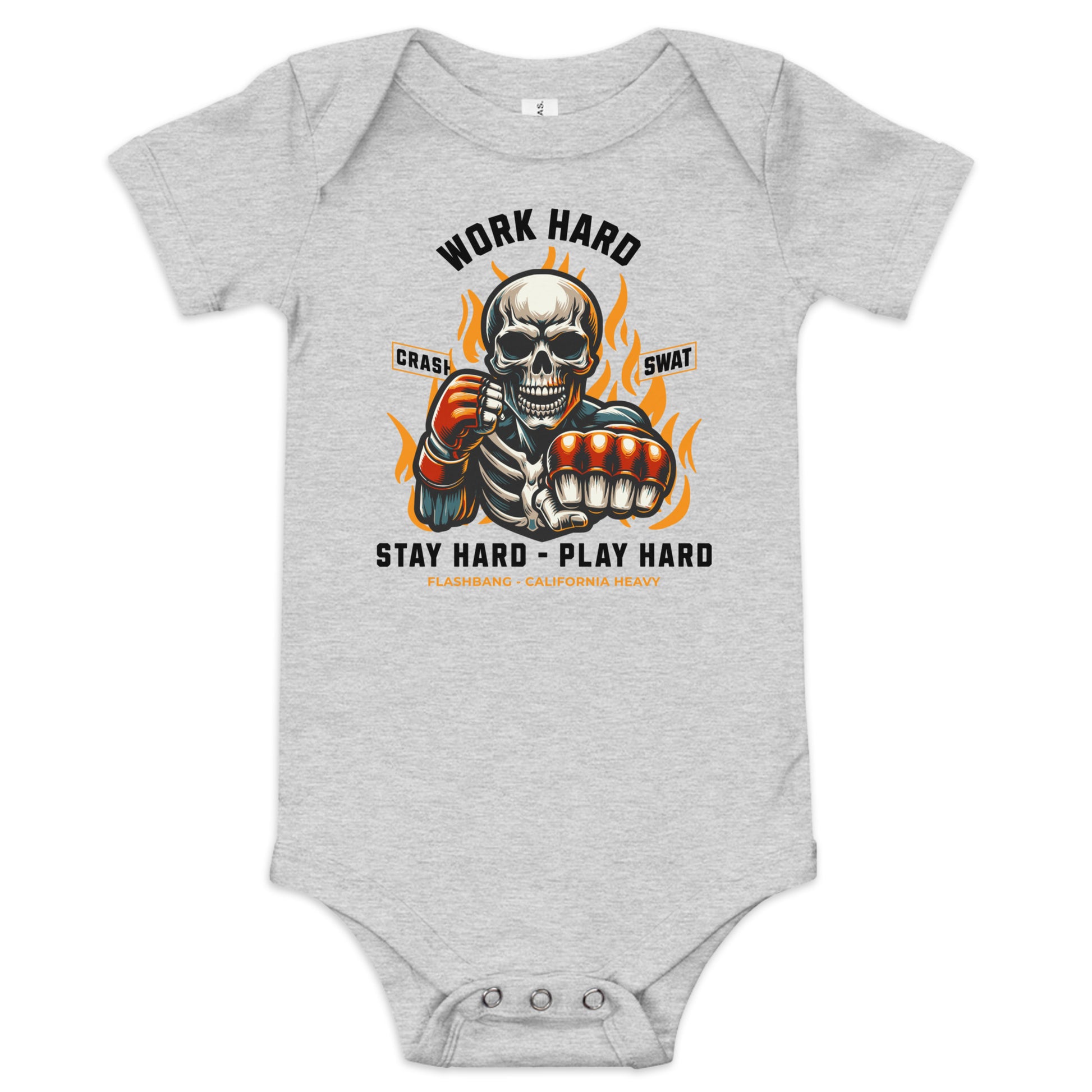Gray baby onesie with a skeleton design and text on a white background