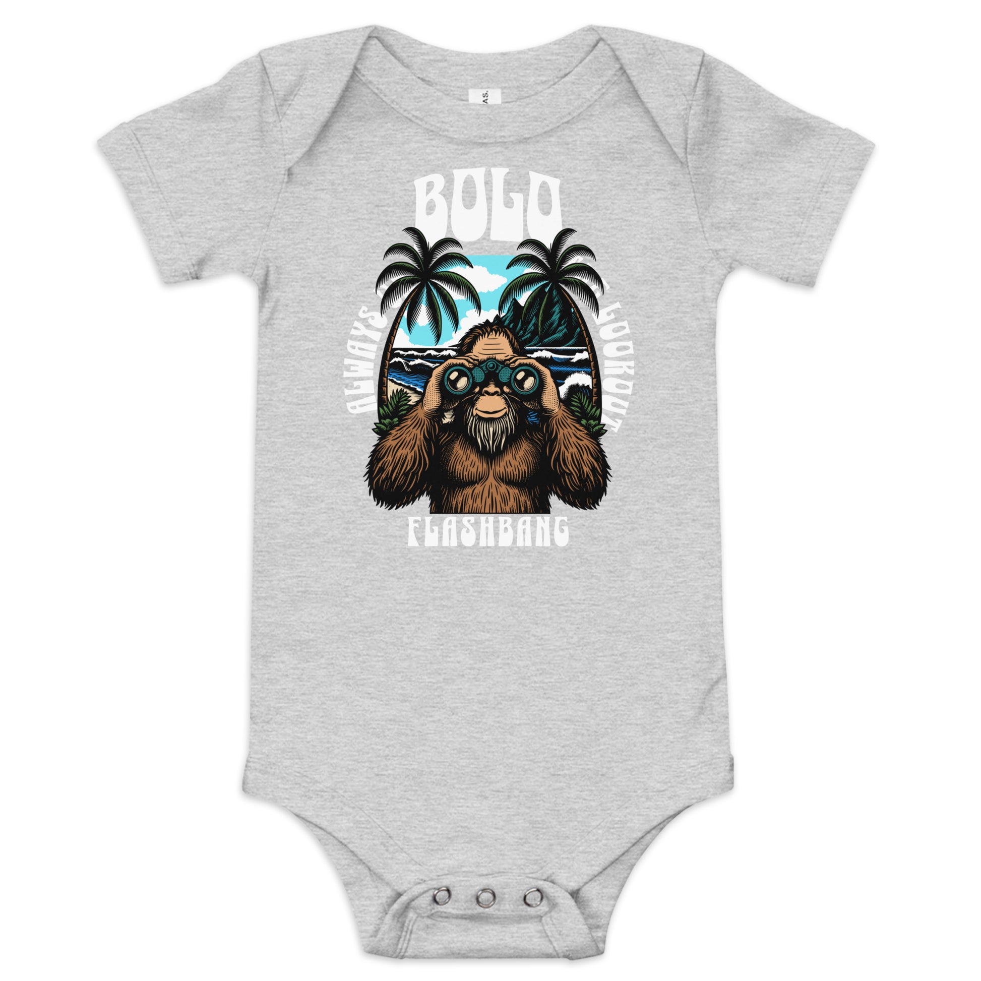 Gray baby onesie with a graphic design of a bear and palm trees on a white background
