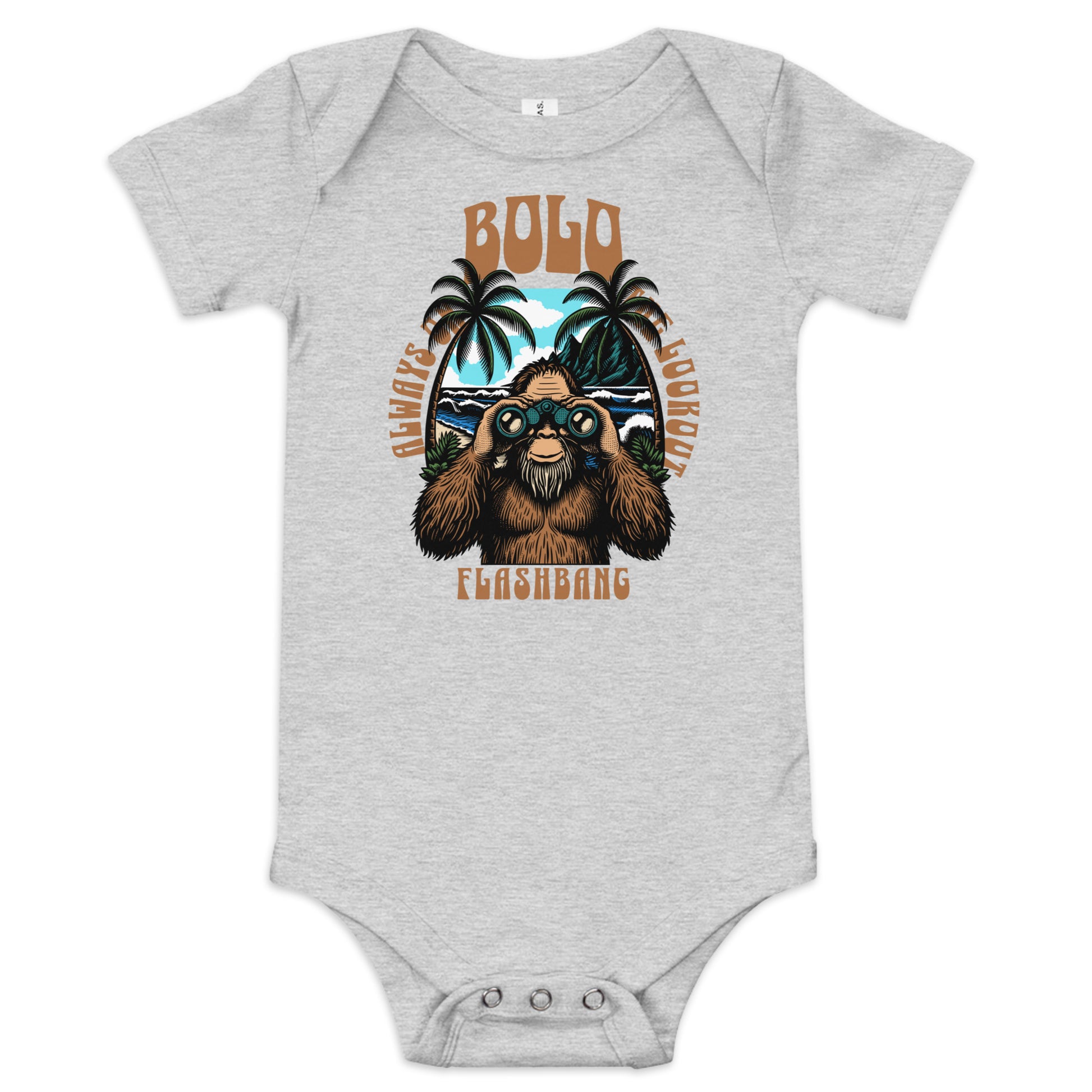 Gray baby onesie with a bear graphic and text on a white background