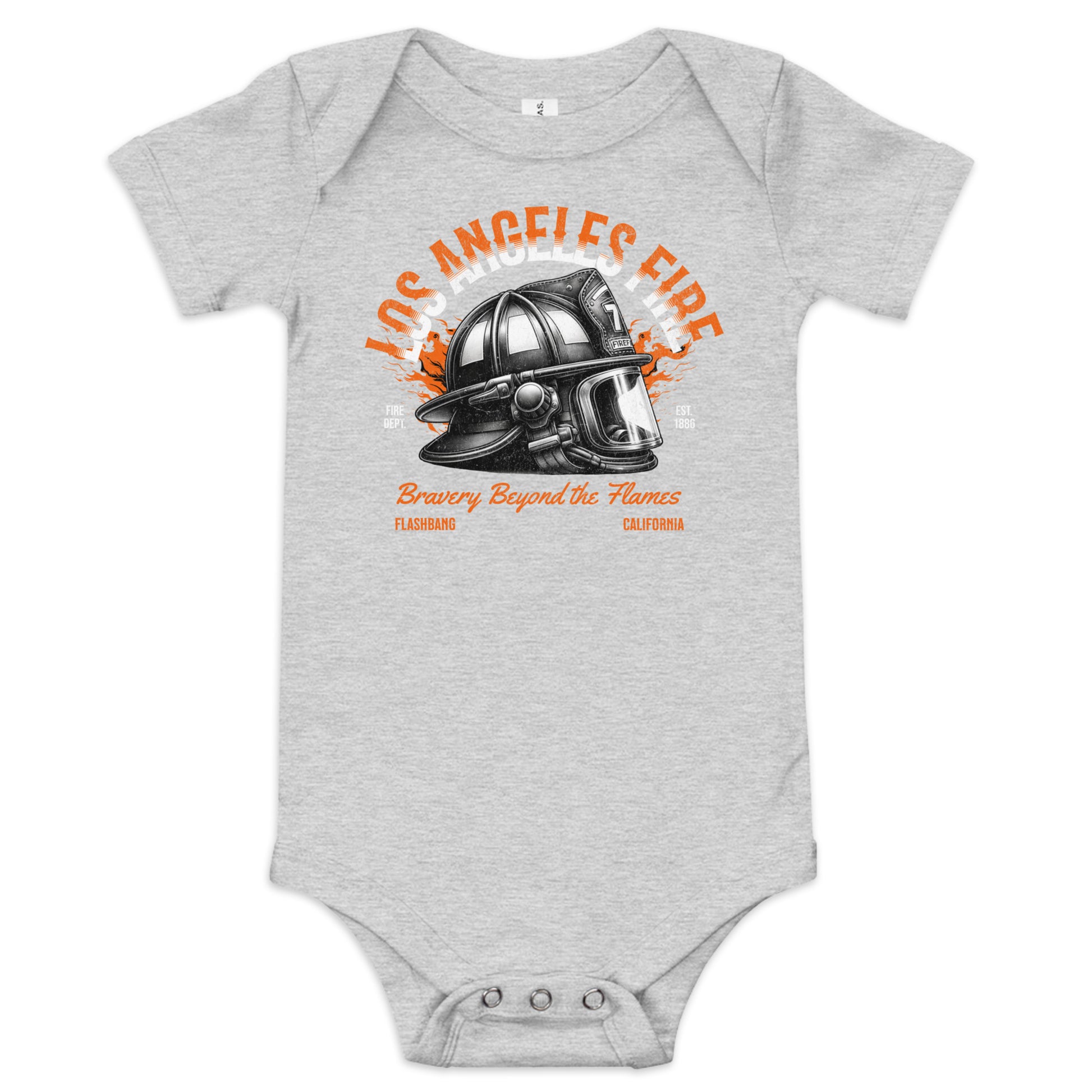 Gray baby onesie with a fire helmet graphic and text on a white background