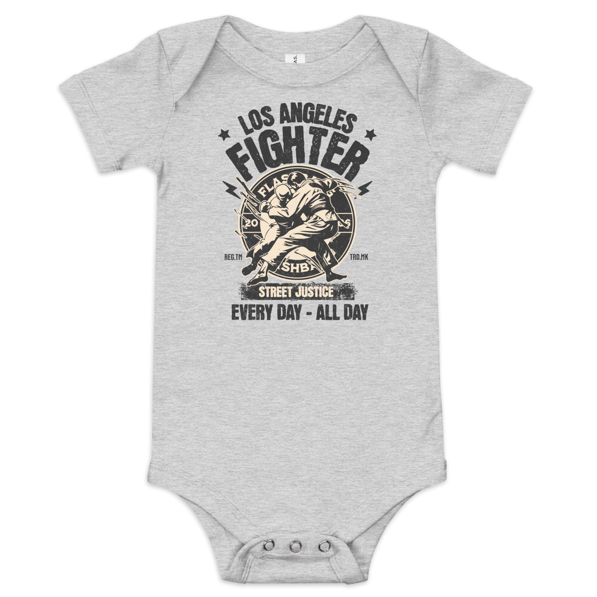 Gray baby onesie with 'Los Angeles Fighter' graphic design on a white background