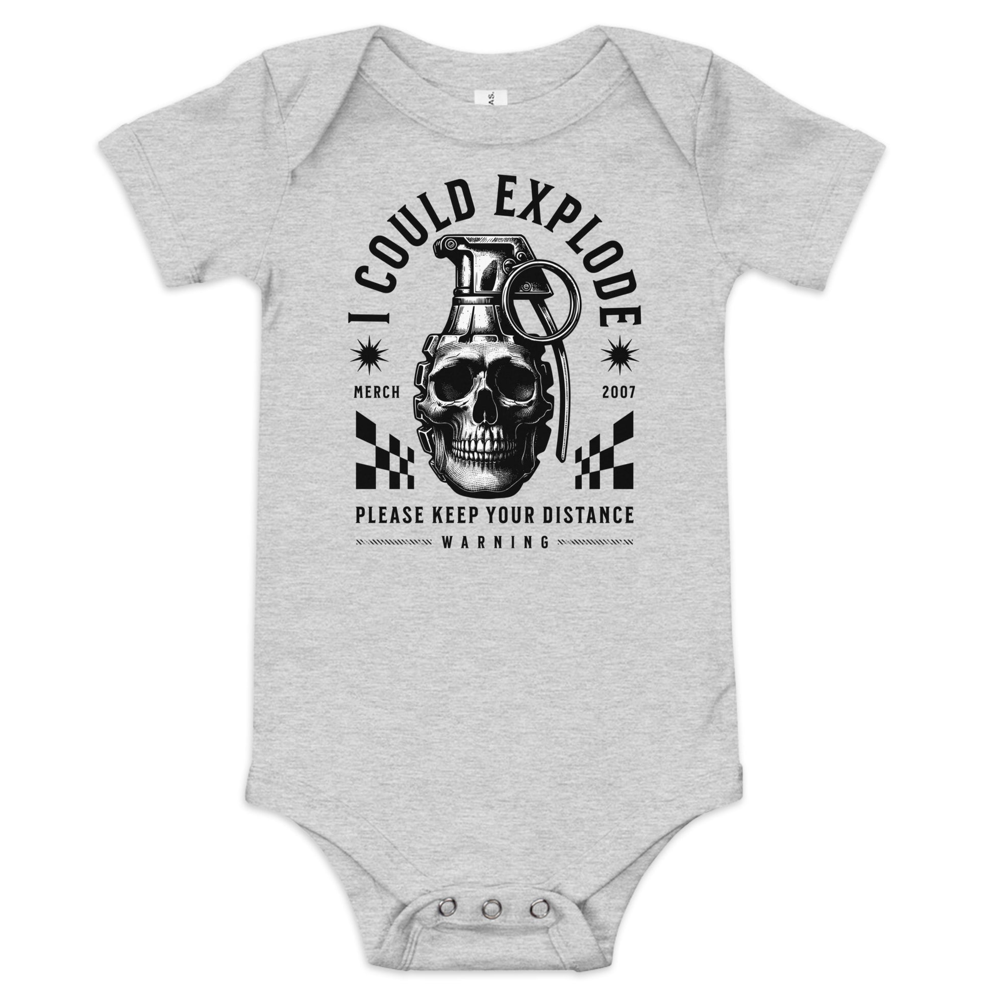 Gray baby onesie with a graphic design featuring a skull and grenade on a white background
