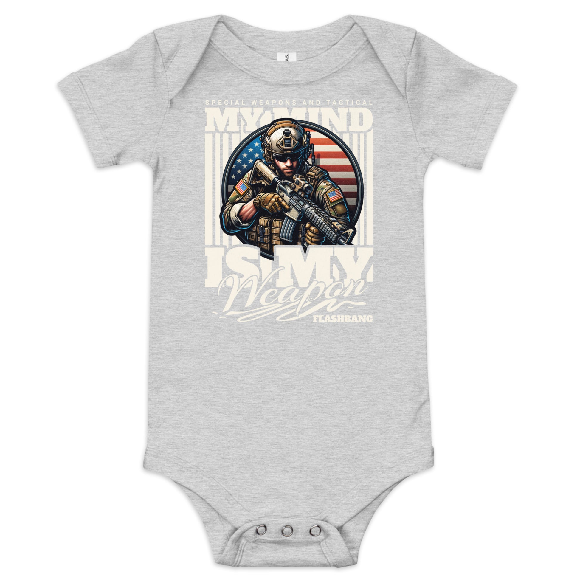 Gray baby onesie with graphic of a soldier and text on a white background