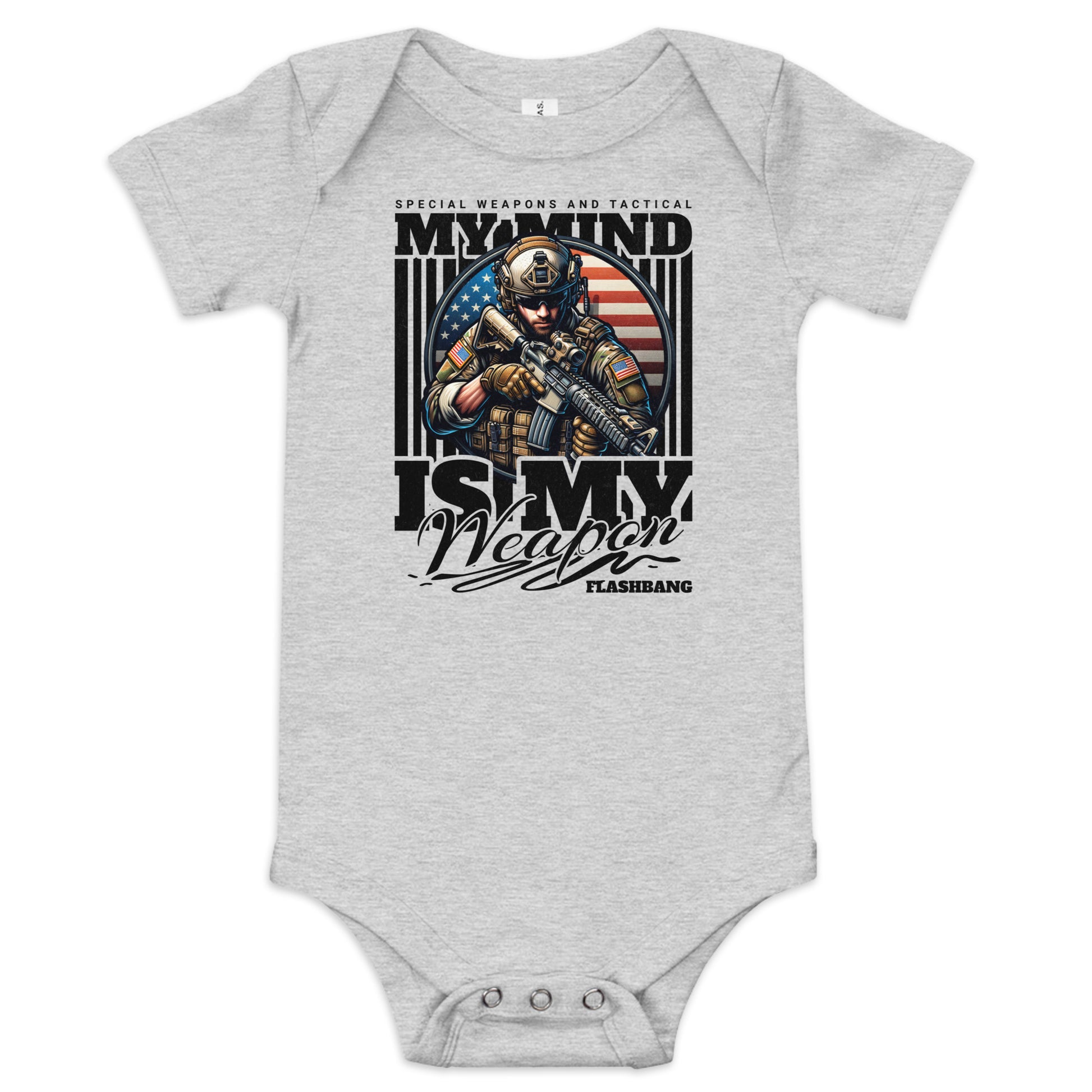 Gray baby onesie with military-themed design on a white background