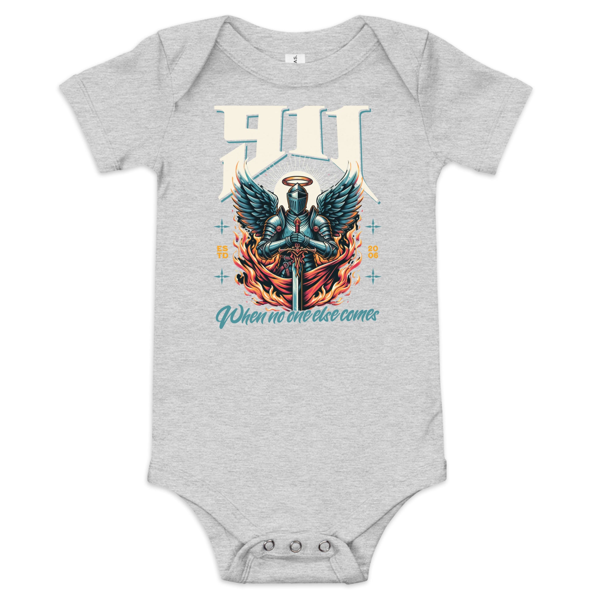 Gray baby onesie with a graphic design on a white background