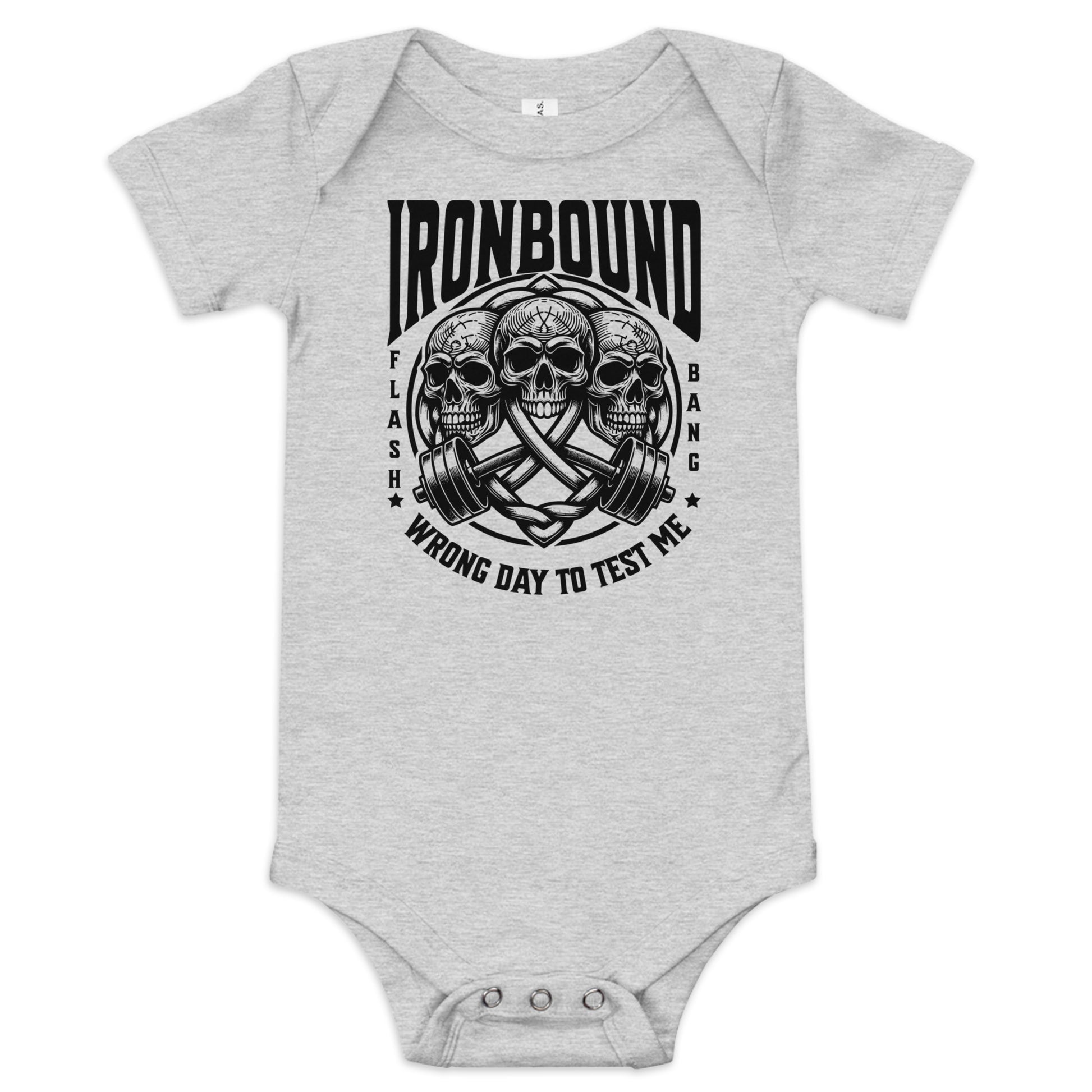 Gray baby onesie with skull design and text on a white background
