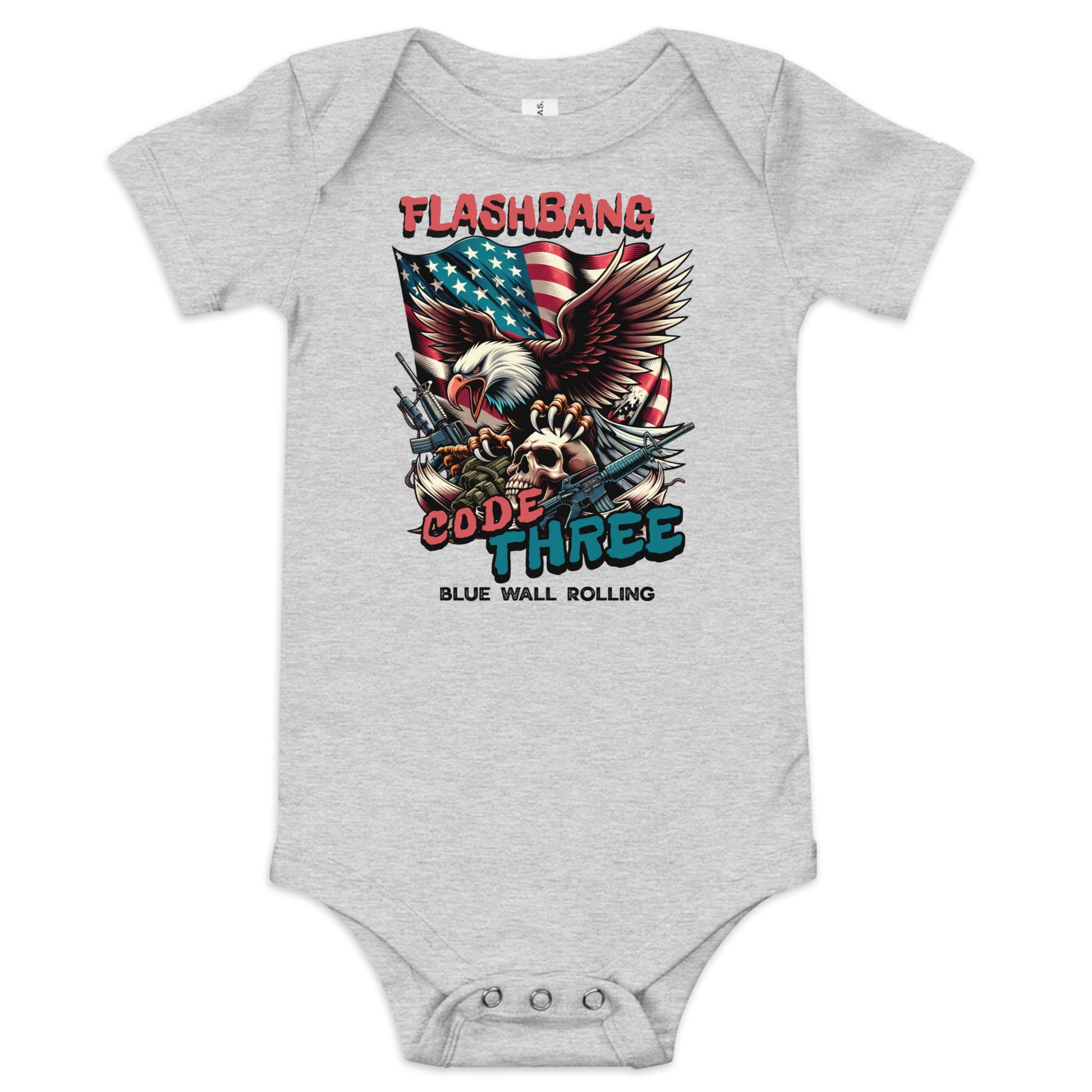 Gray baby onesie with graphic design featuring an eagle, American flag, and text on a white background