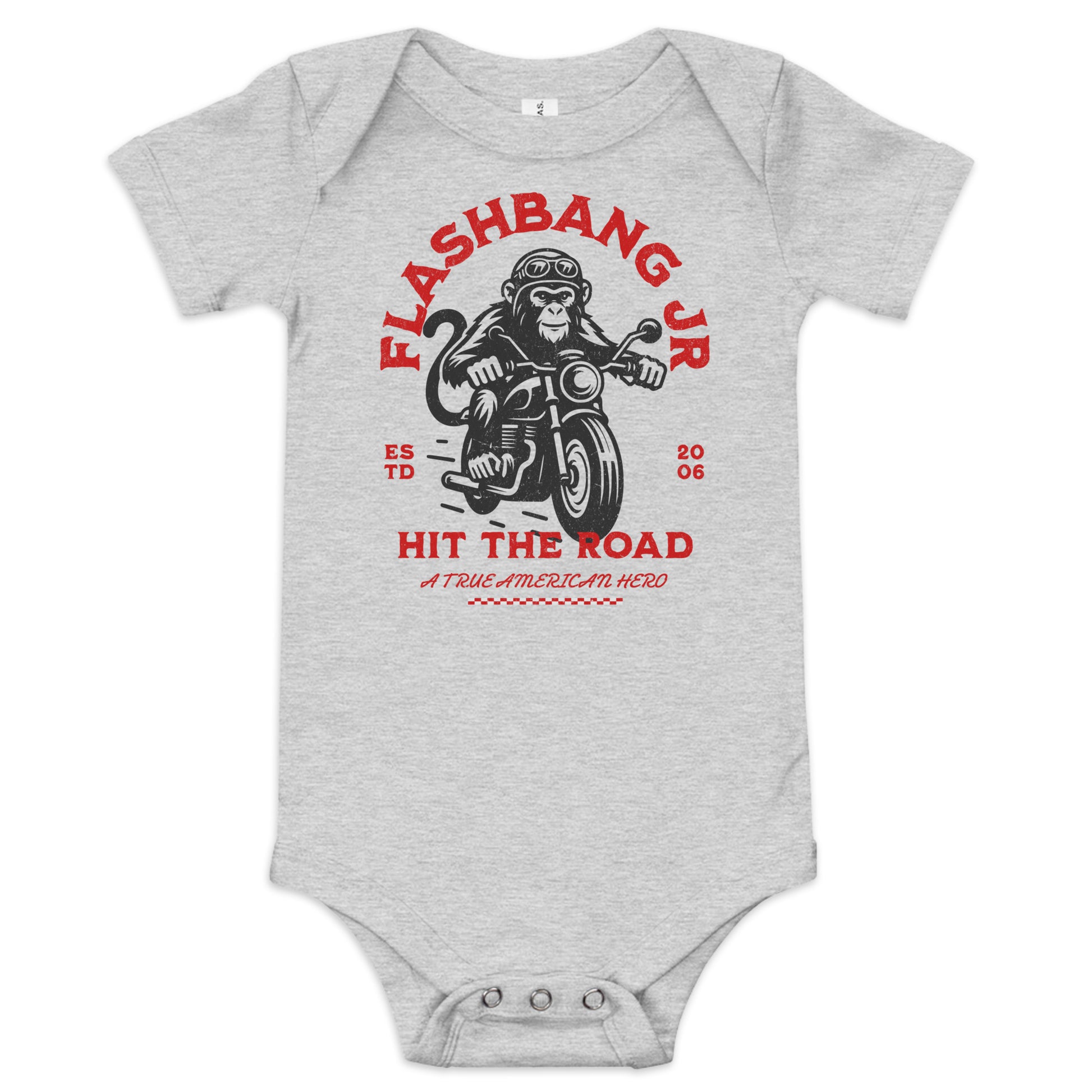 Gray baby onesie with red and black graphic design on a white background