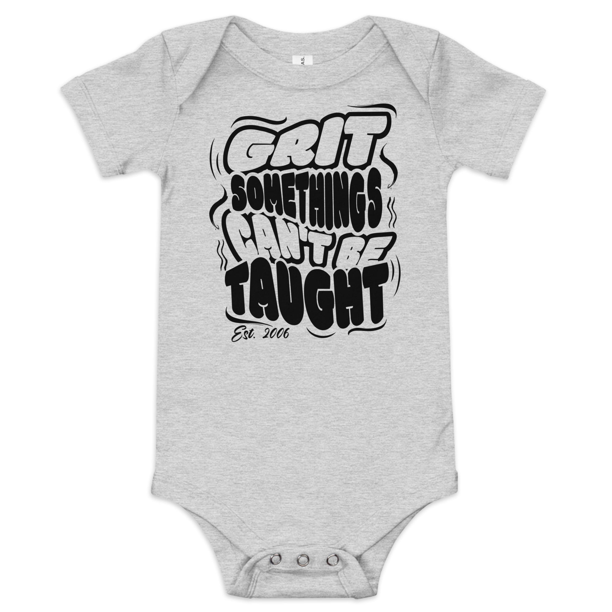 Gray baby onesie with black text on a white background