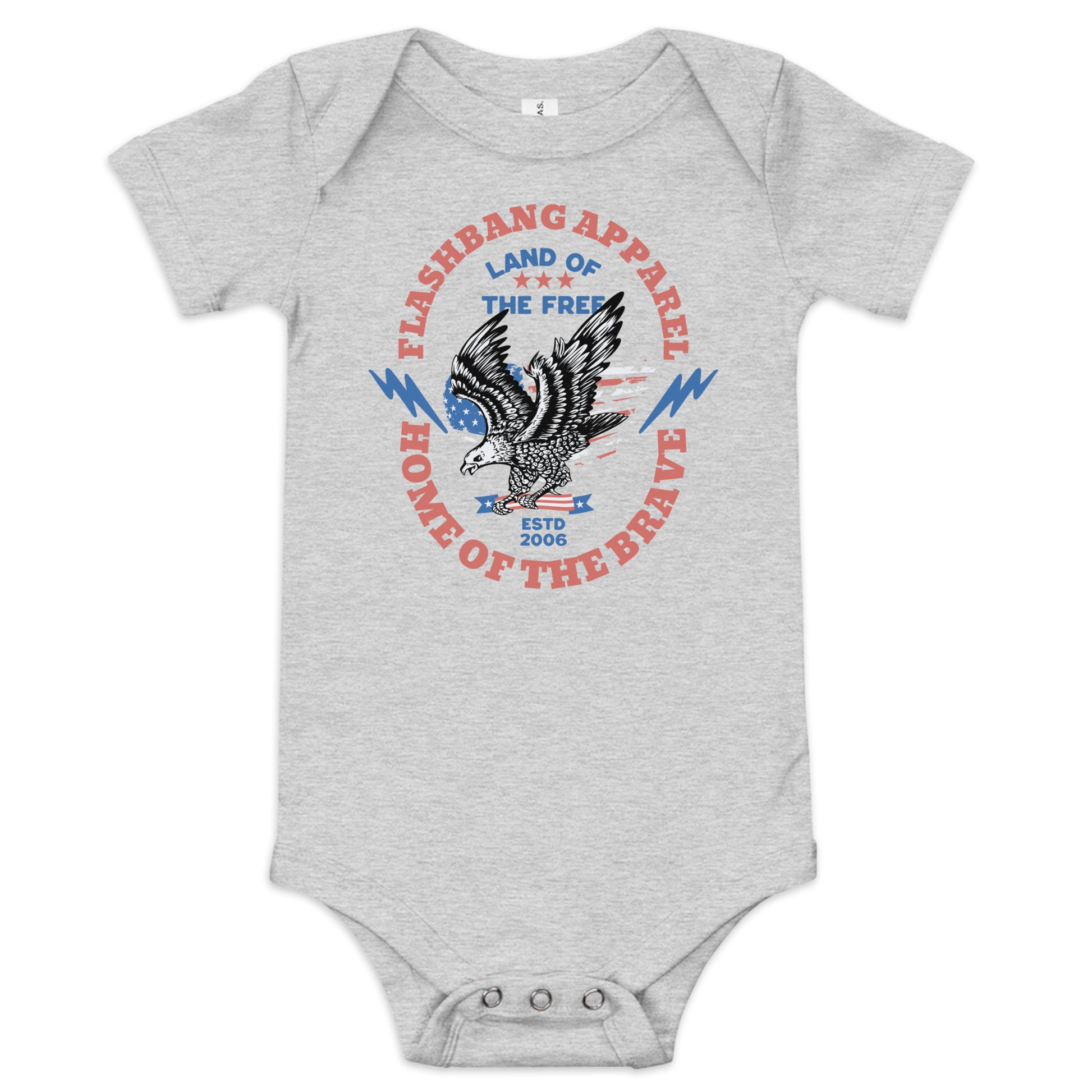 Gray baby onesie with patriotic design and text on a white background