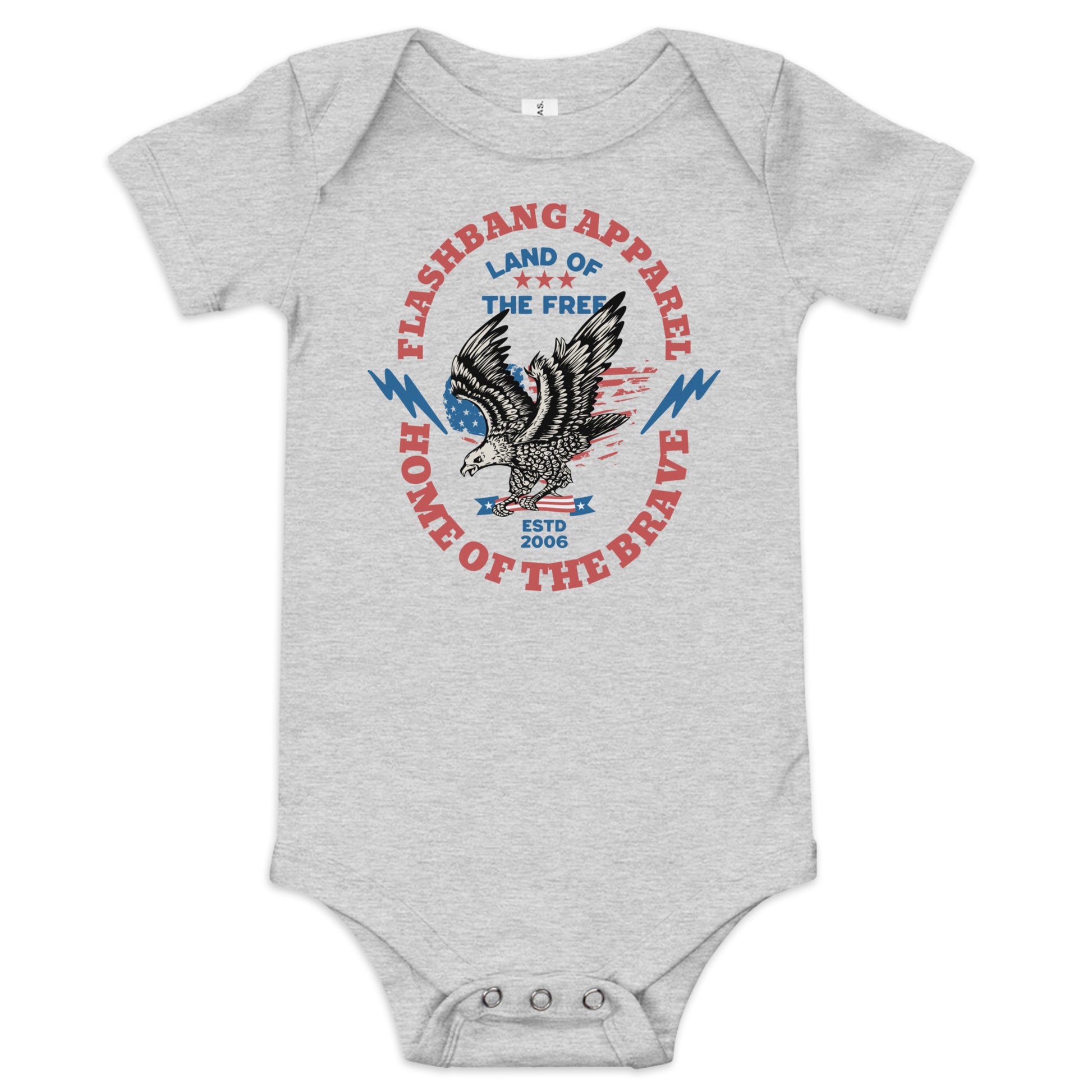 Gray baby onesie with patriotic design and text on a white background