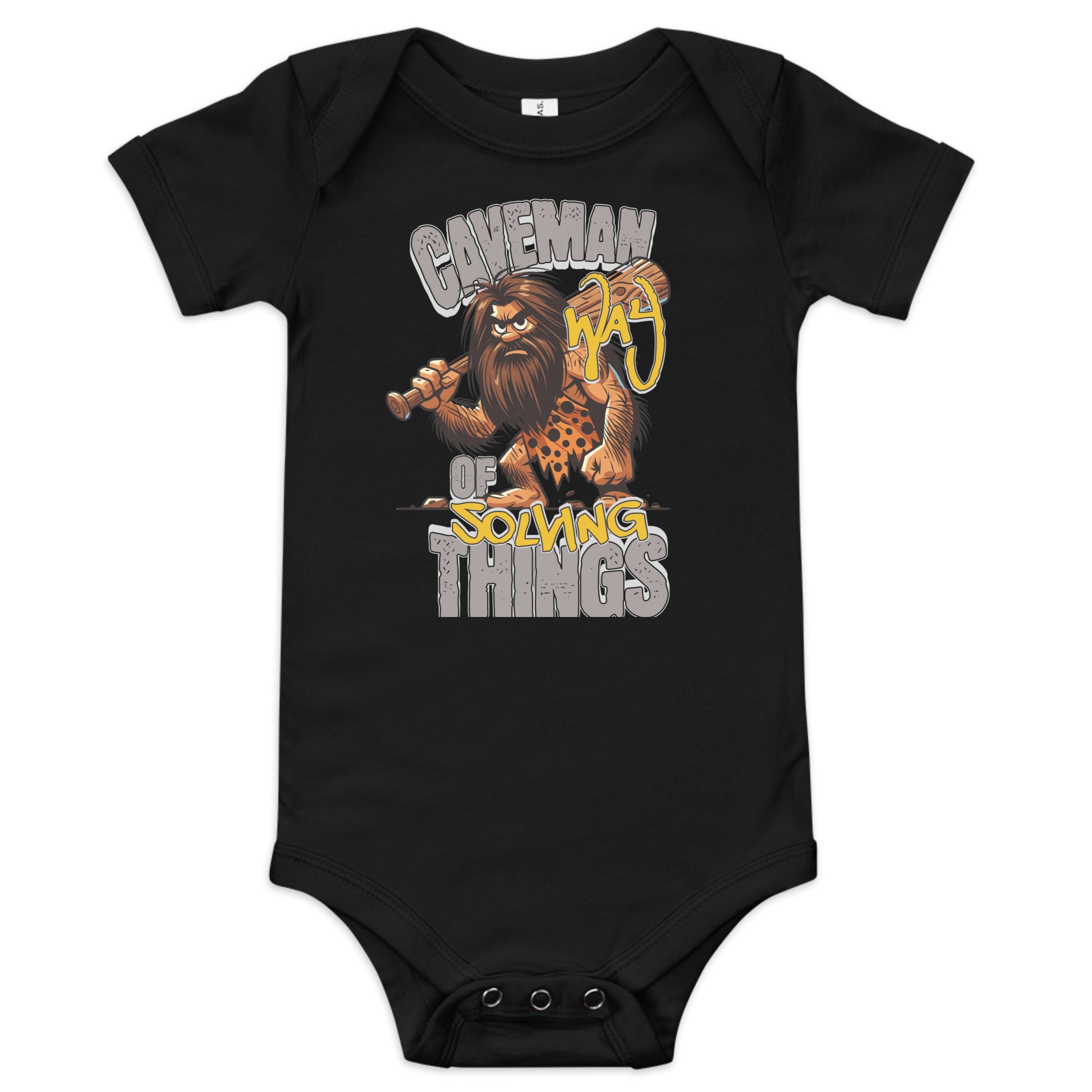 Black baby onesie with a cartoon caveman design and text on a white background