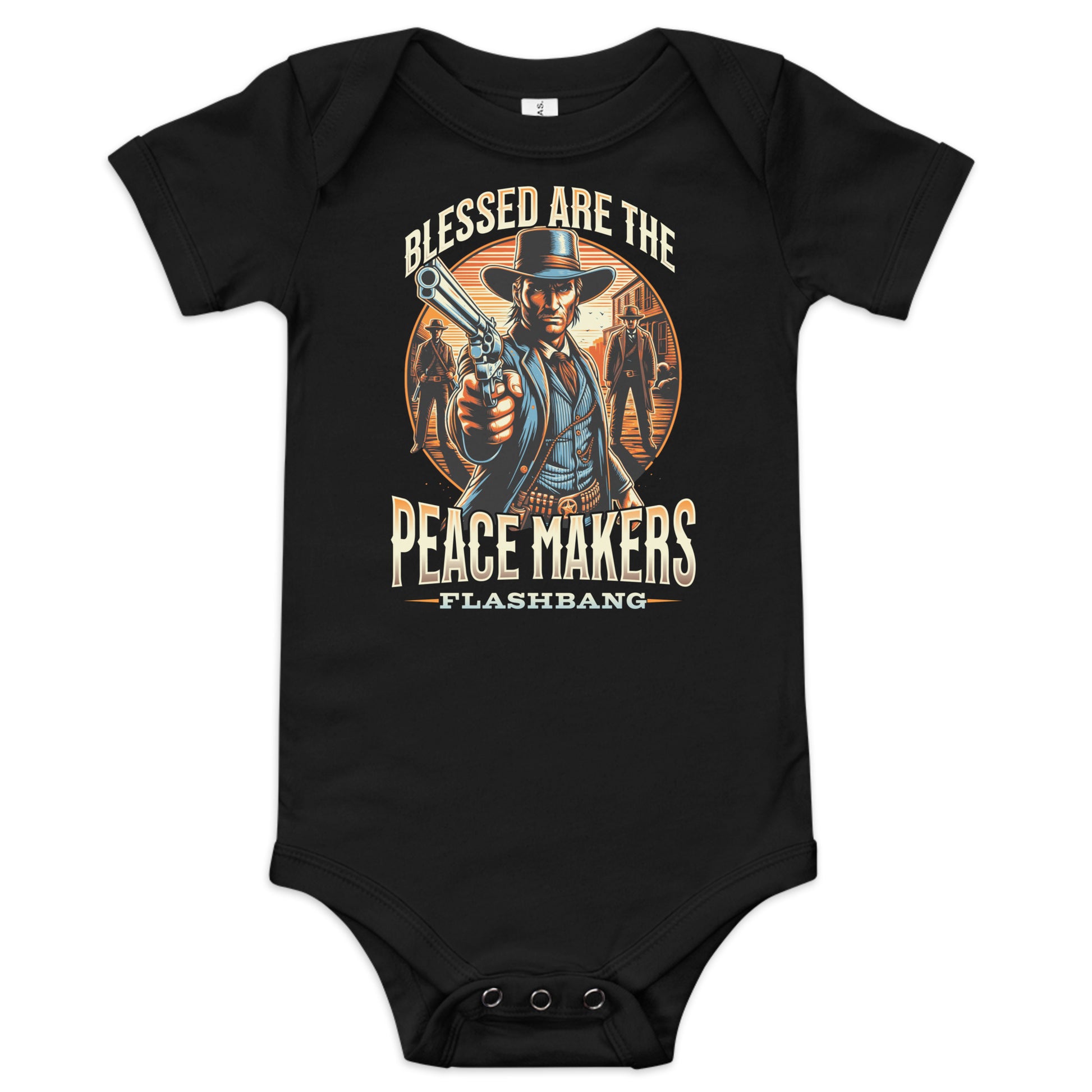 Black baby onesie with a graphic design and text on a white background