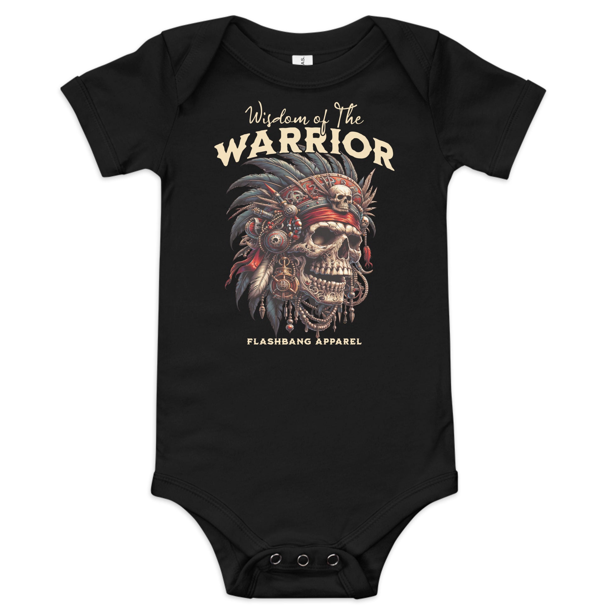 Black baby onesie with warrior-themed design and 'Flashbang Apparel' branding on a white background.