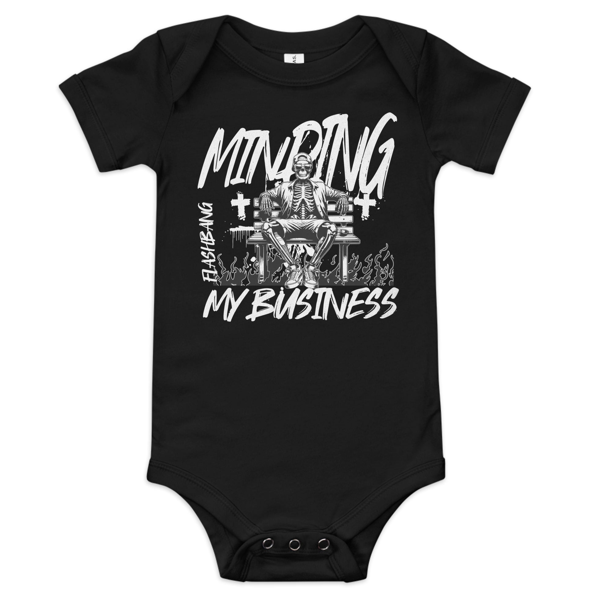Black baby onesie with white graphic design on a white background