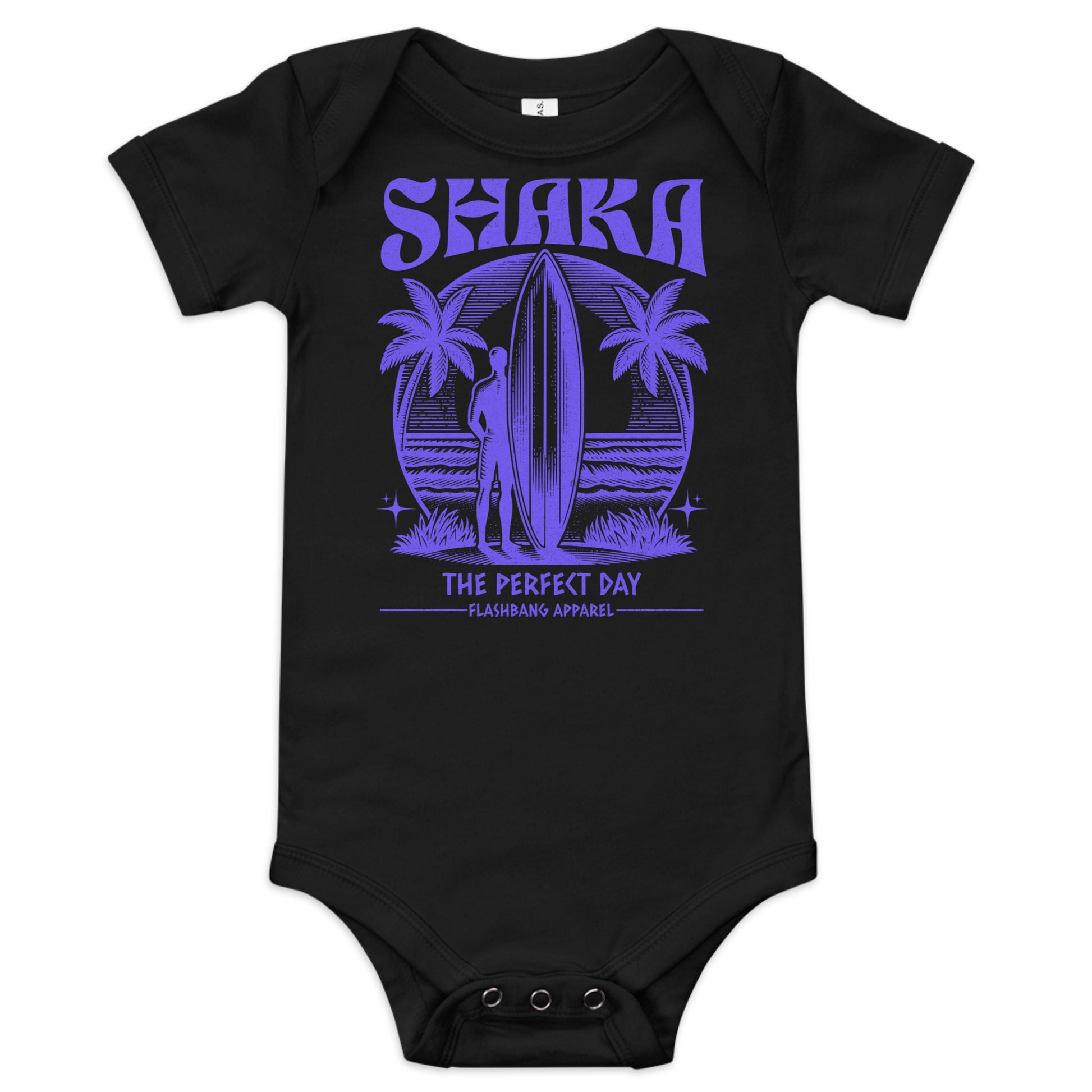 Black baby onesie with purple graphic design on a white background