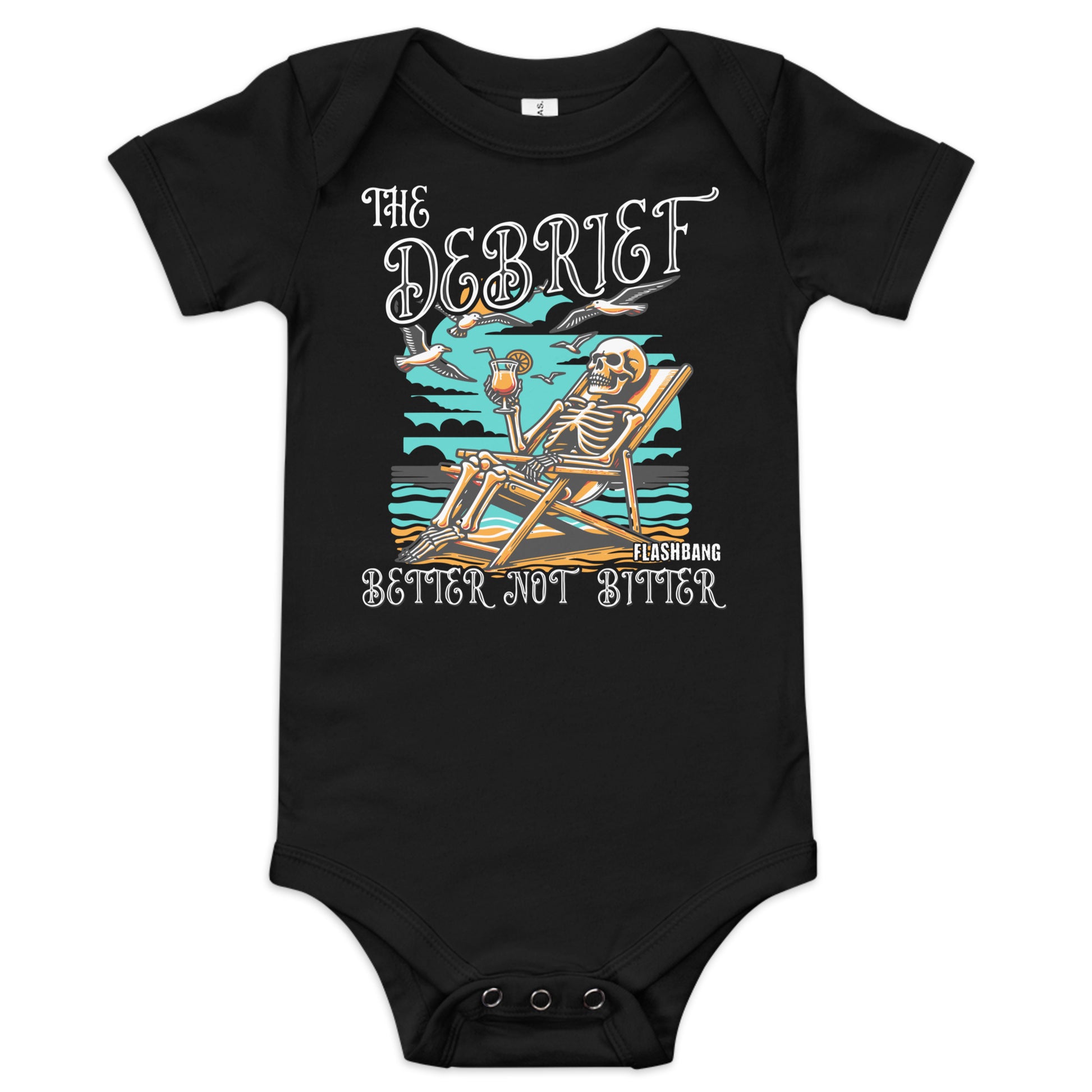 Black baby onesie with skeleton design and text on a white background