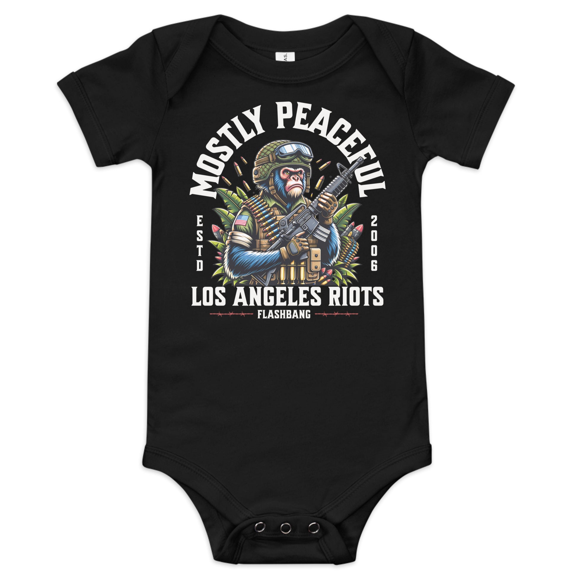 Black baby onesie with a graphic design of a monkey holding a gun and text on a white background