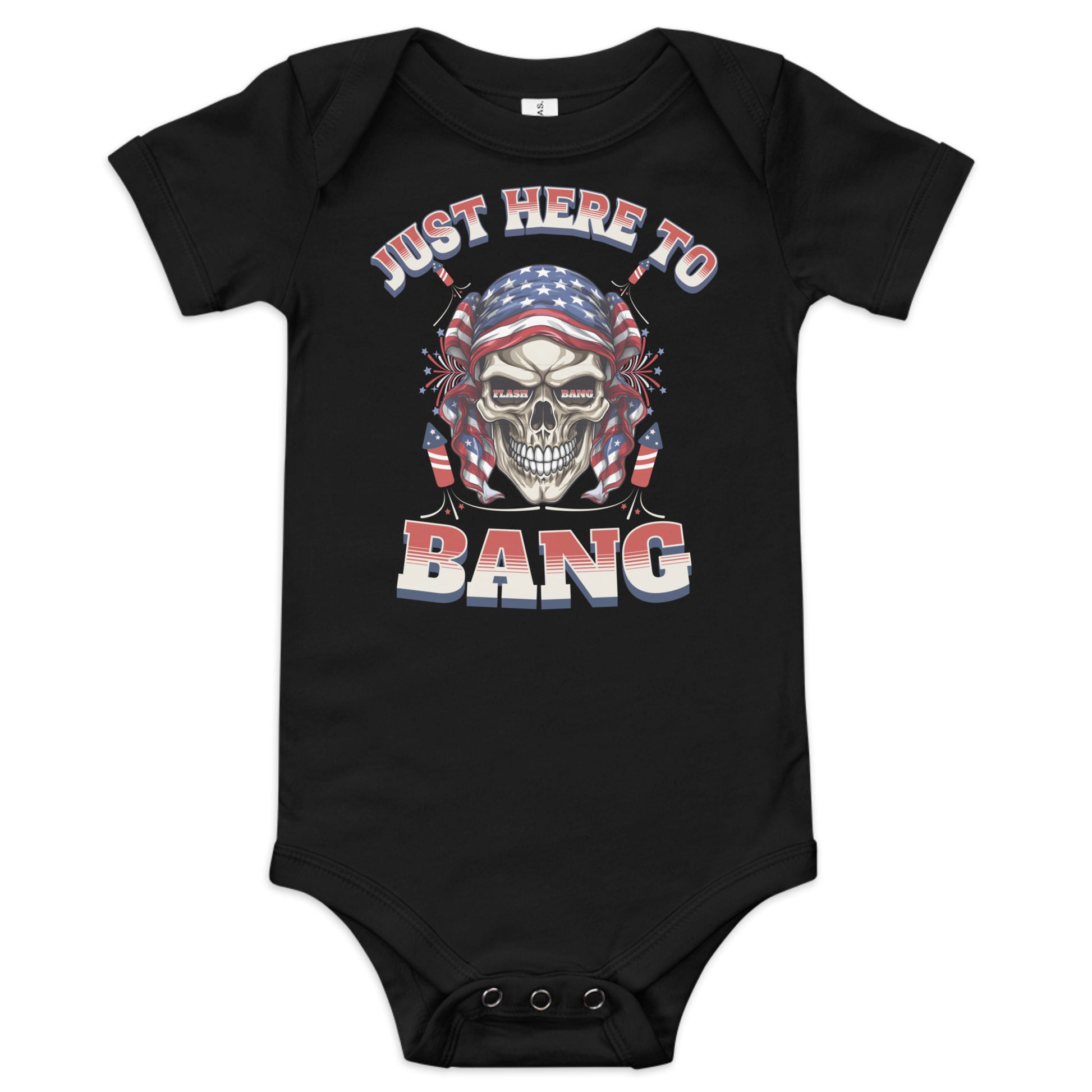 Black baby onesie with skull design and text 'Just Here To Bang' on a white background