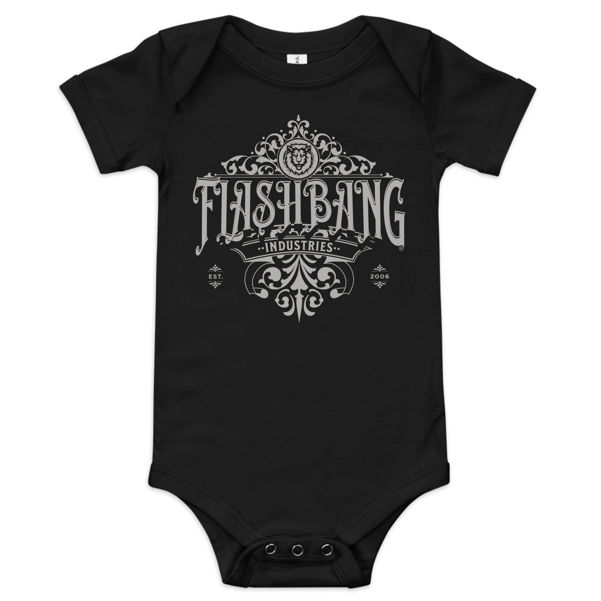 Black baby onesie with 'Flashbang Industries' print on a white background