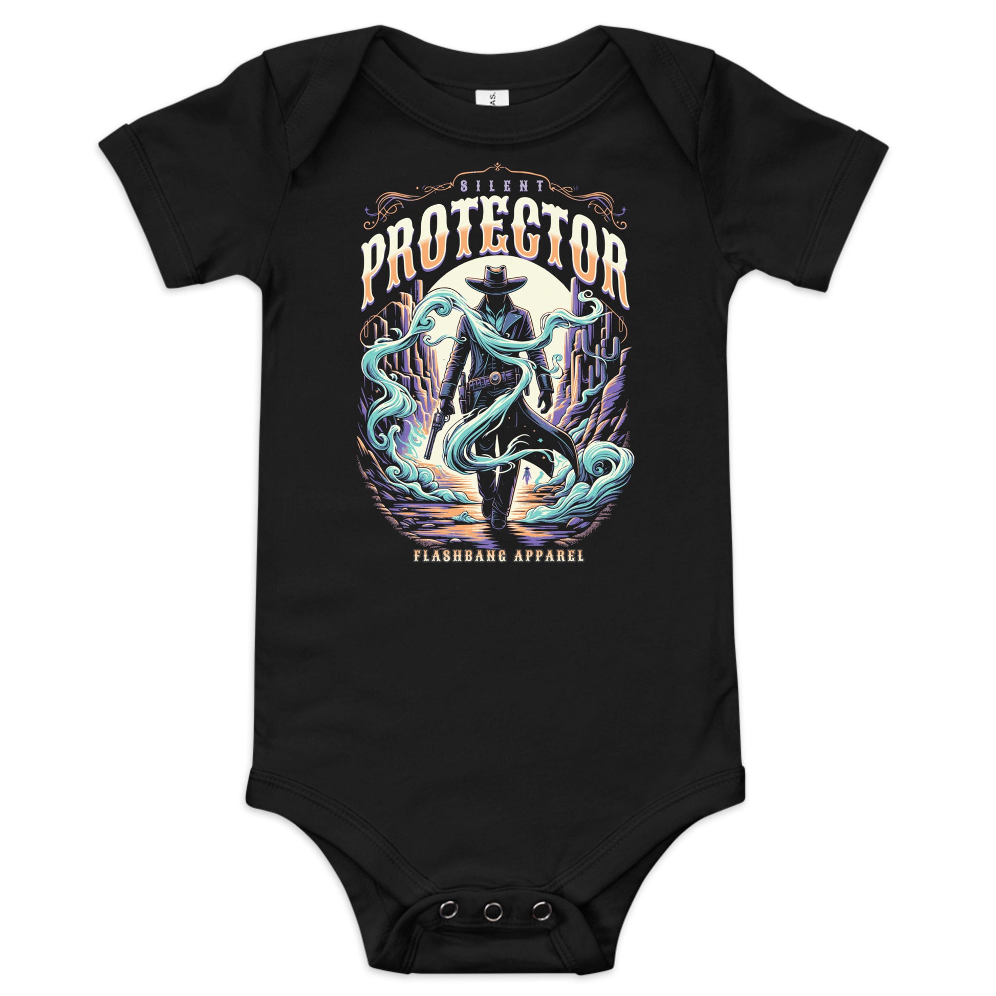 Black baby onesie with a colorful graphic design on a white background