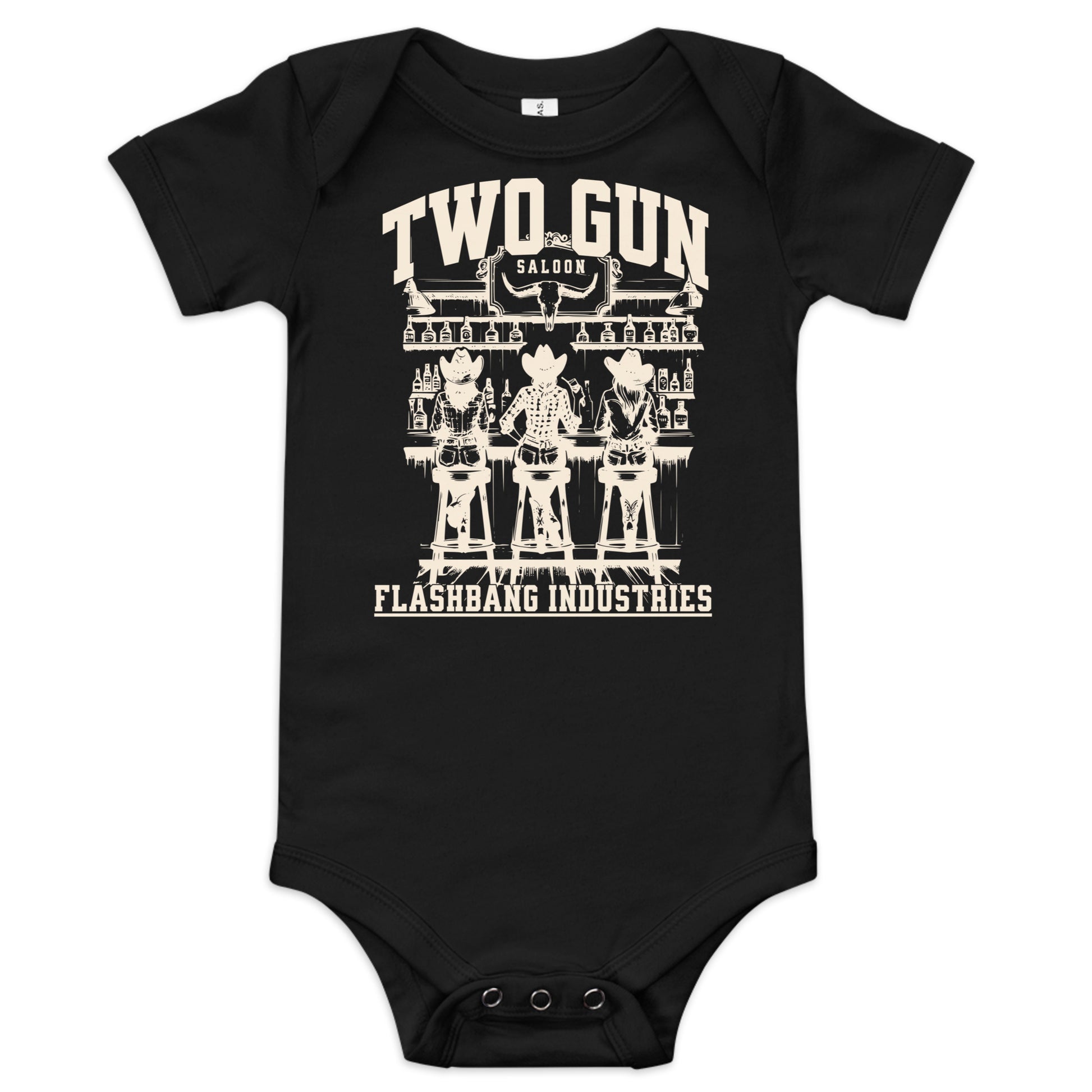 Black baby onesie with white graphic design on a white background